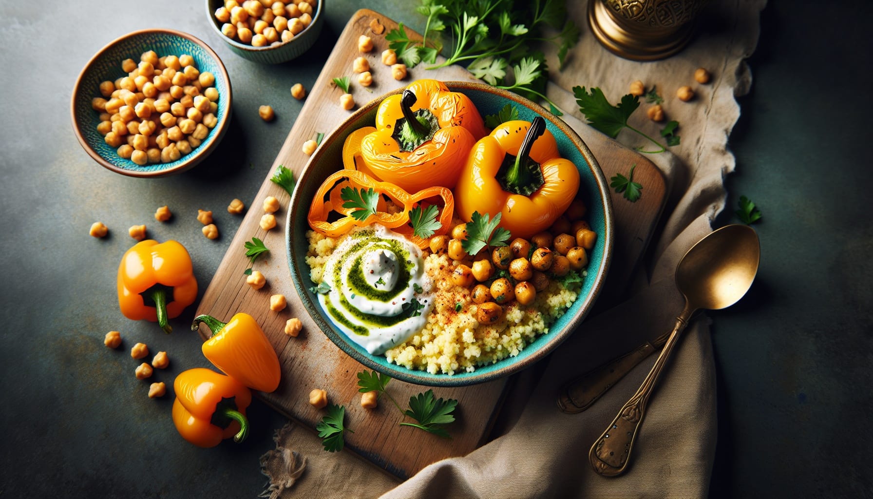 Golden Bell Pepper Couscous Bowls with Herb Yogurt and Crispy Chickpeas - A delicious recipe by DigiDish