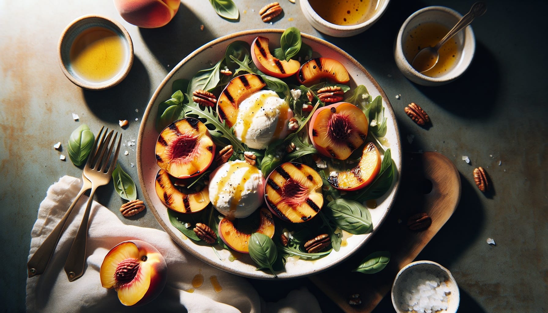 Grilled Peach and Burrata Salad with Honey Basil Vinaigrette - A delicious recipe by DigiDish
