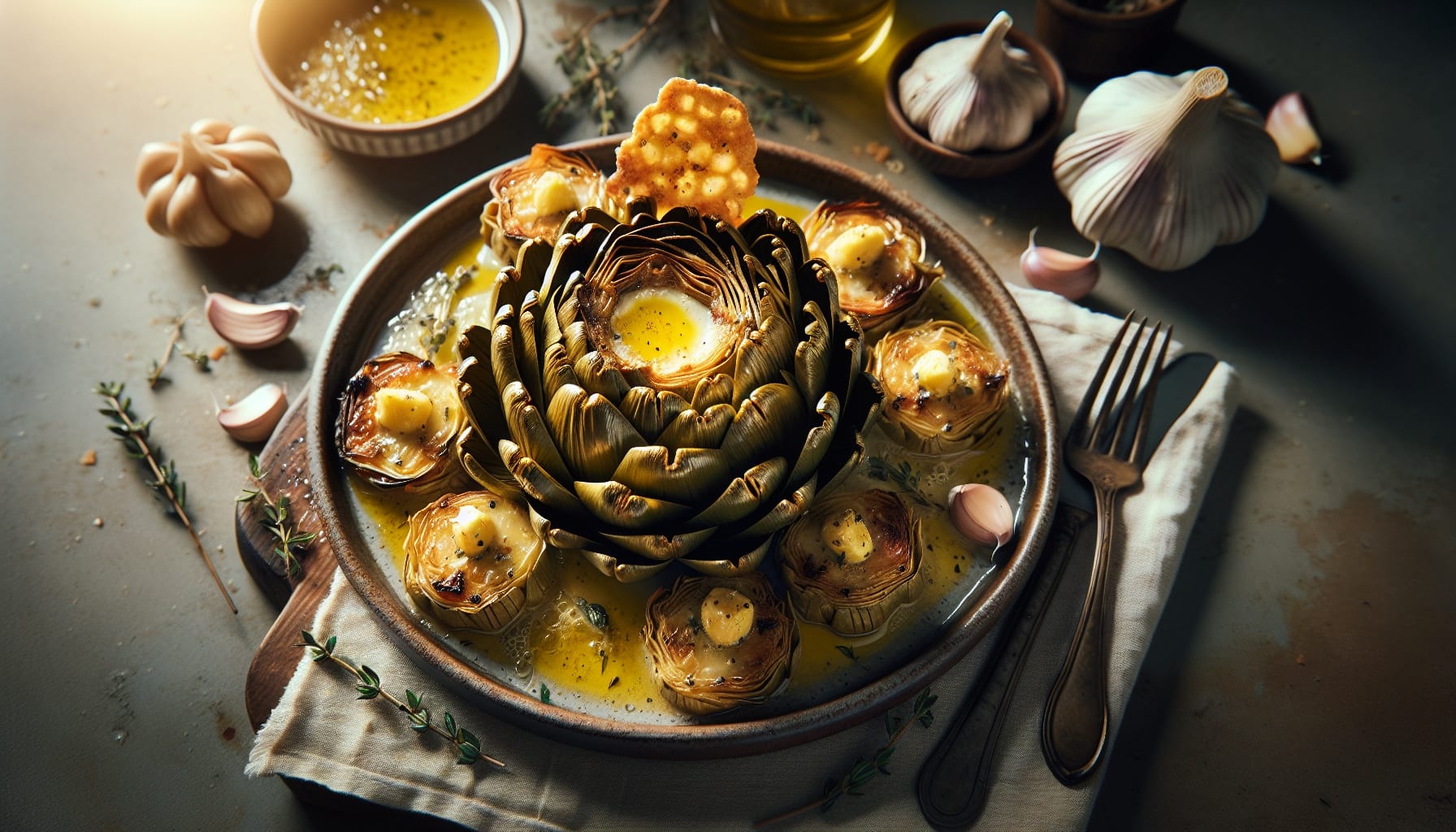 Butter Roasted Artichokes with Lemon Thyme Drizzle and Crispy Garlic Chips - A delicious recipe by DigiDish