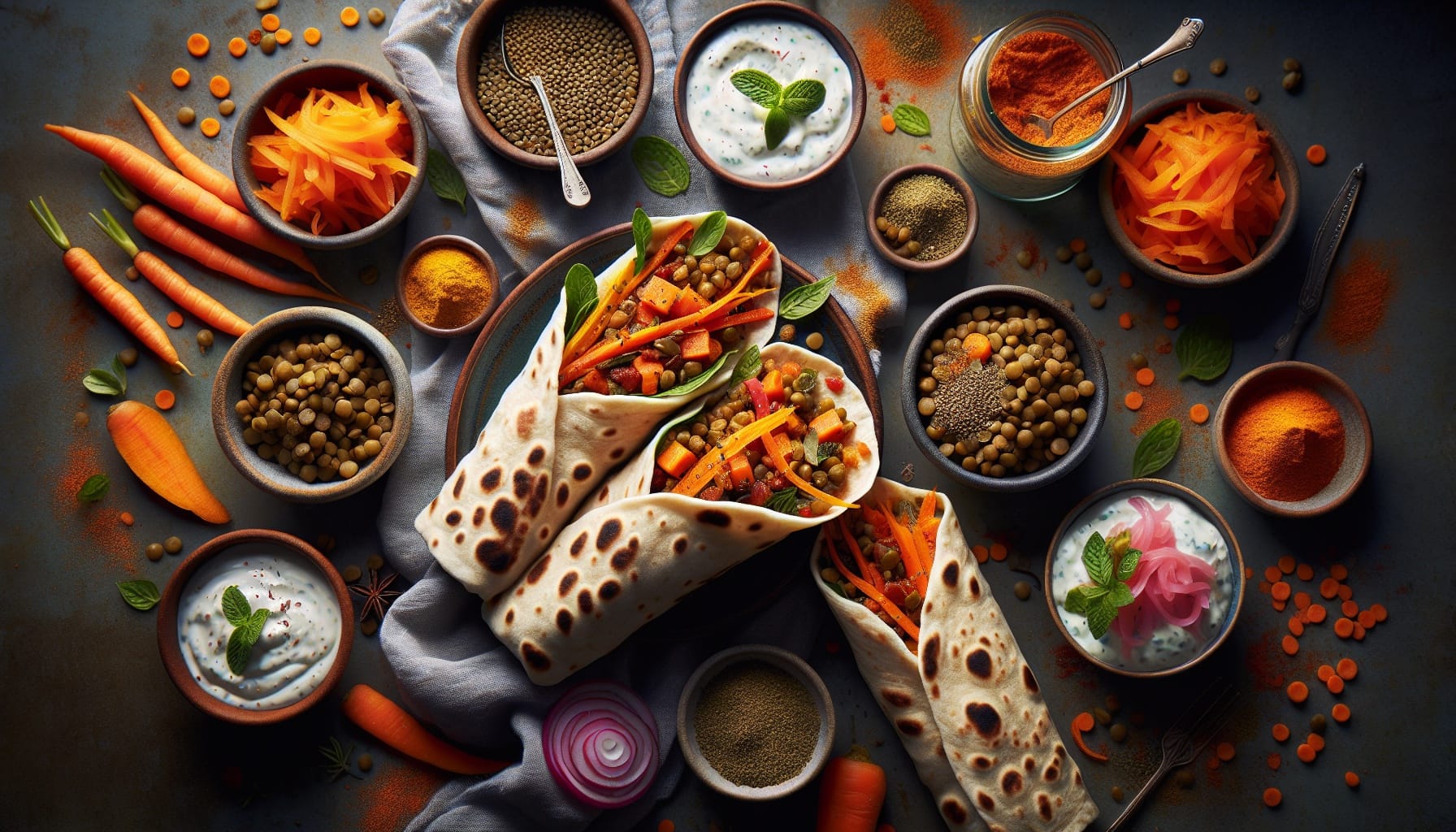 Spiced Carrot and Lentil Wraps with Mint Yogurt and Pickled Onions - A delicious recipe by DigiDish