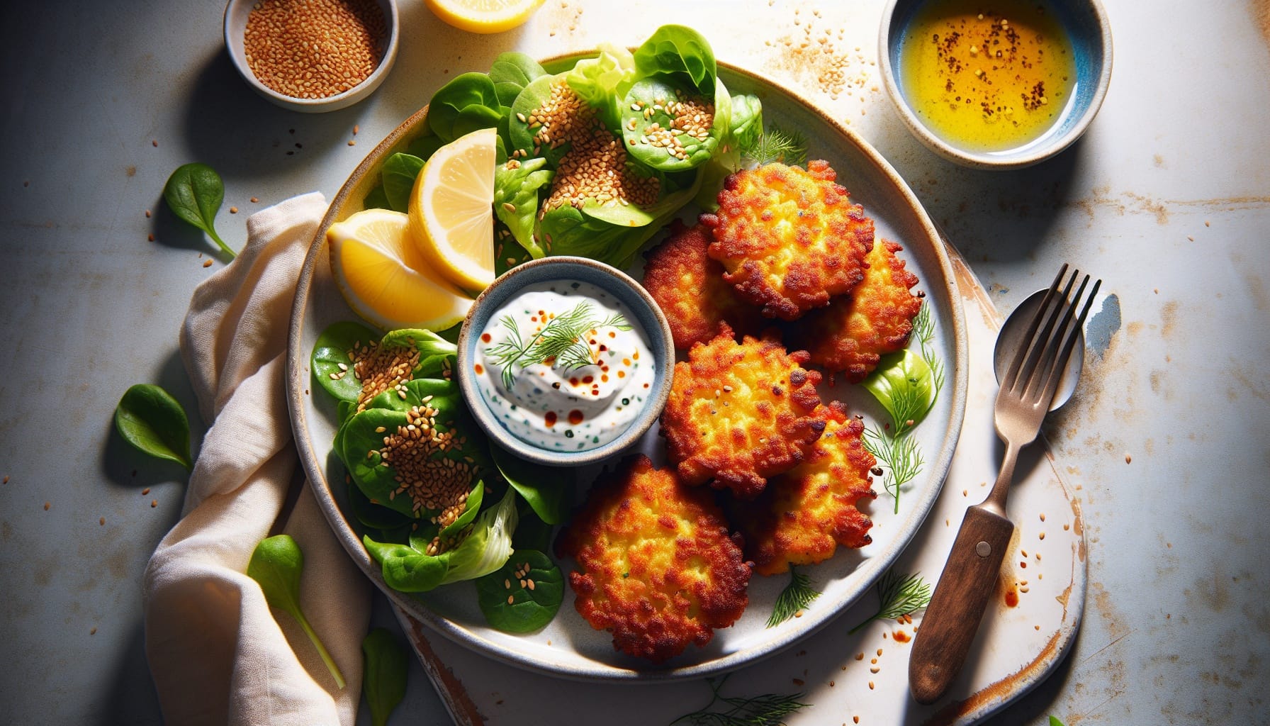 Crispy Cauliflower Fritters with Lemon Dill Yogurt and Spiced Sesame Salad - A delicious recipe by DigiDish