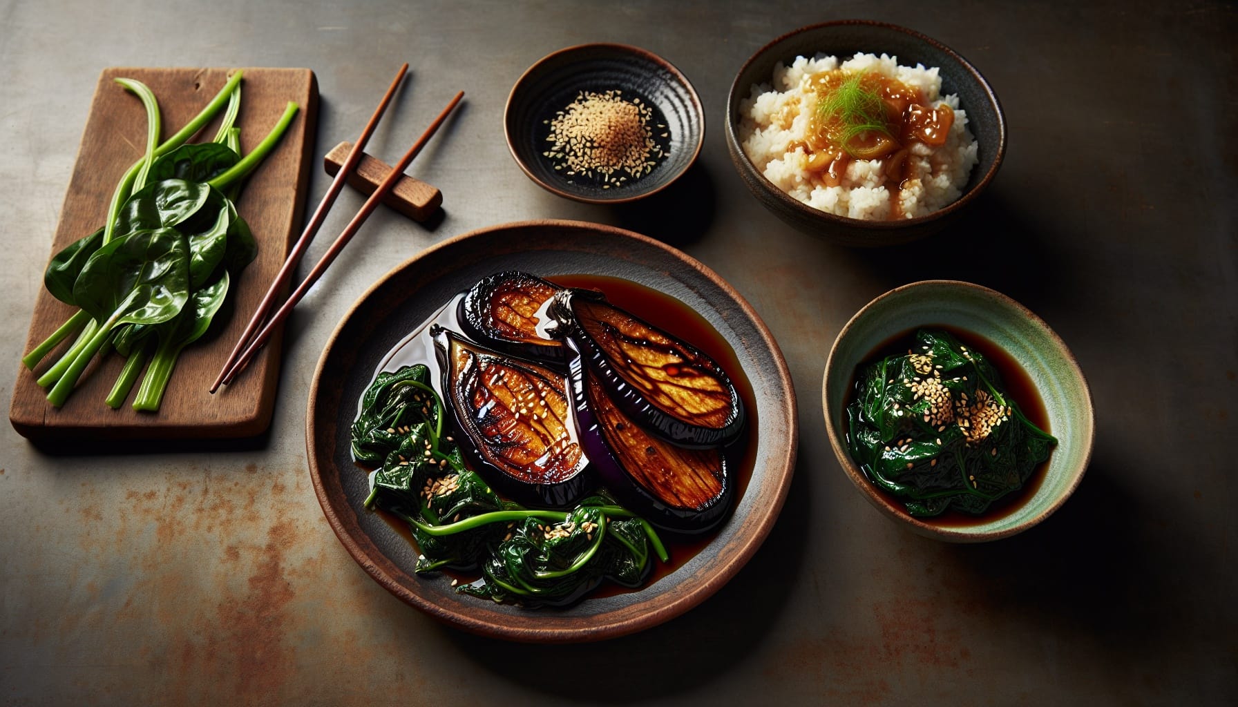 Miso Glazed Eggplant Steaks with Sesame Spinach and Ginger Rice - A delicious recipe by DigiDish