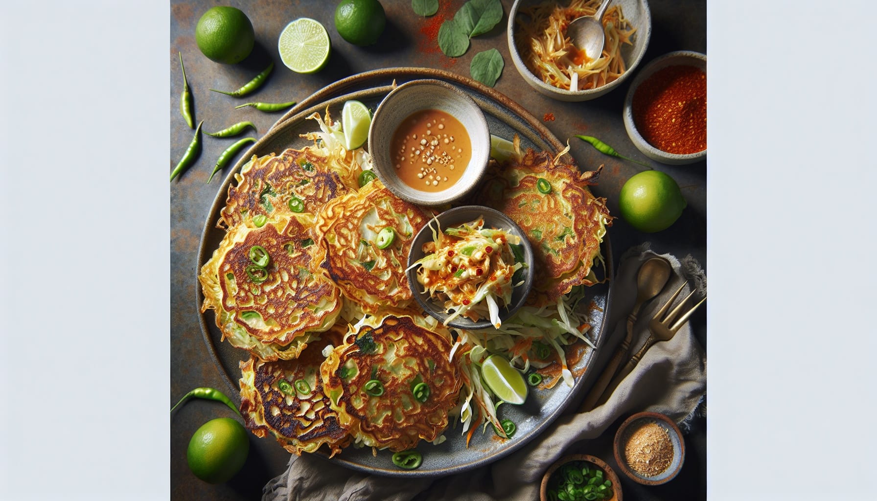 Crispy Cabbage Pancakes with Spicy Peanut Drizzle and Fresh Lime - A delicious recipe by DigiDish