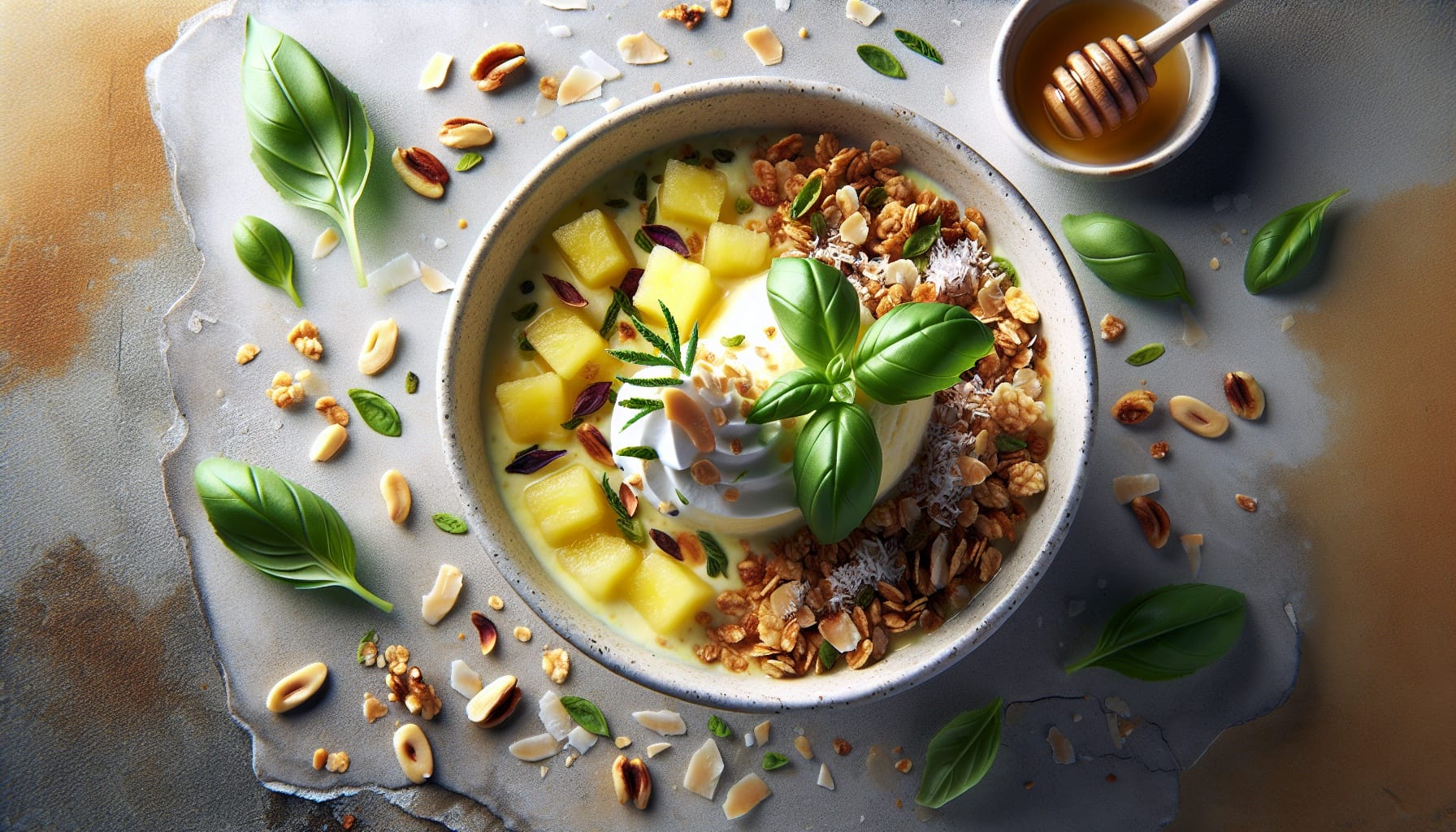 Pineapple Basil Sorbet with Crunchy Coconut Granola - A delicious recipe by DigiDish
