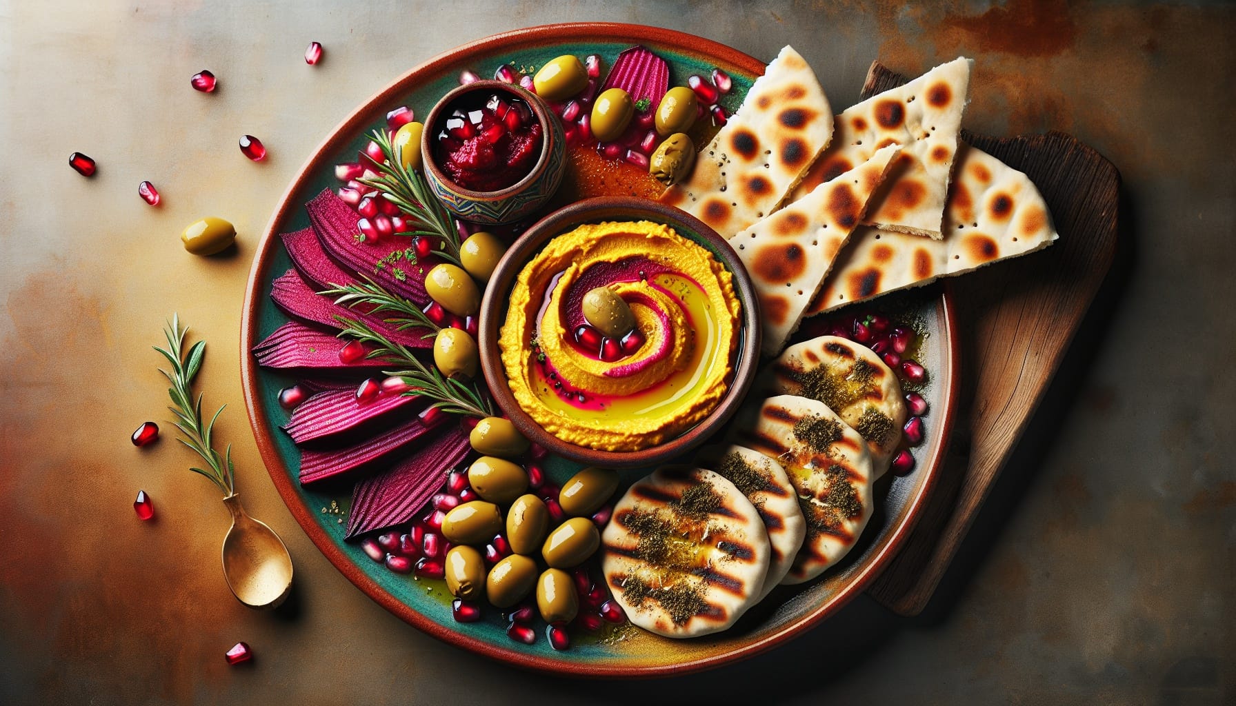 Golden Beet Hummus with Zaatar Flatbreads and Pomegranate Glaze - A delicious recipe by DigiDish