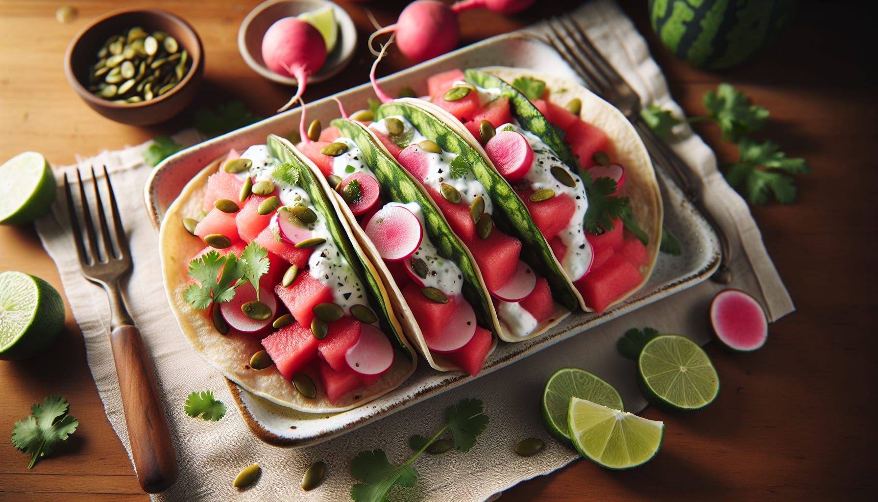 Zesty Watermelon Radish Tacos with Cilantro Lime Yogurt and Crunchy Pepitas - A delicious recipe by DigiDish