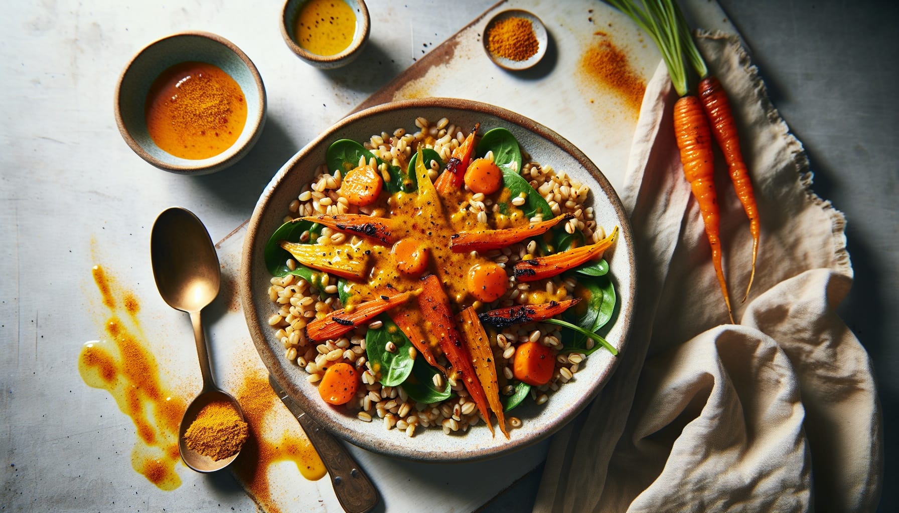 Turmeric Spiced Farro Salad with Roasted Carrots and Orange Ginger Dressing - A delicious recipe by DigiDish