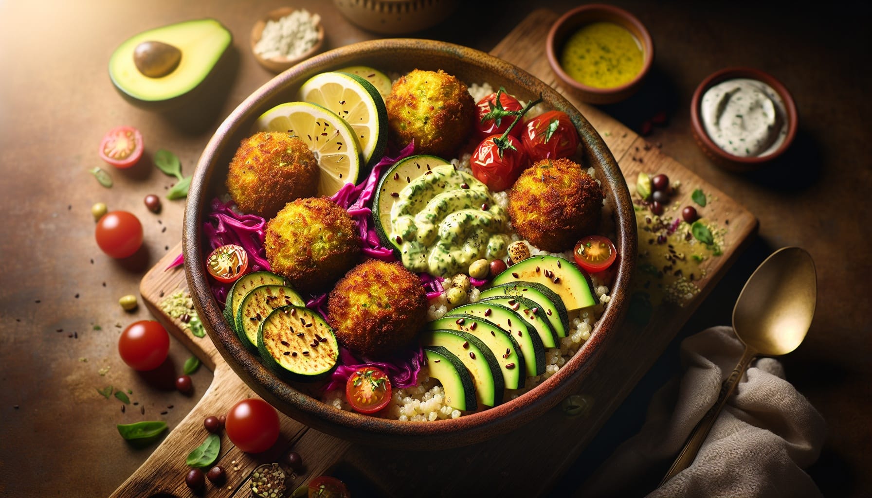 Crispy Zucchini Falafel Bowls with Lemon Herb Tahini and Pickled Red Cabbage - A delicious recipe by DigiDish