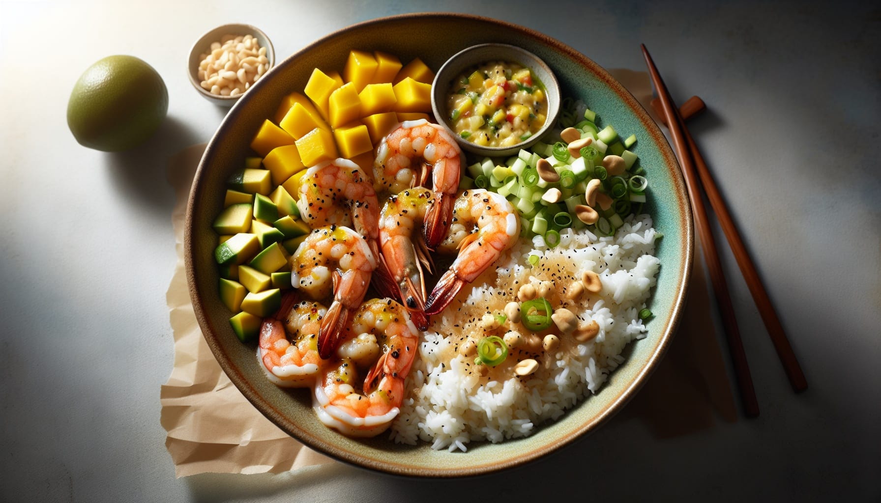 Coconut Lime Shrimp Bowls with Ginger Scallion Rice and Mango Salsa - A delicious recipe by DigiDish
