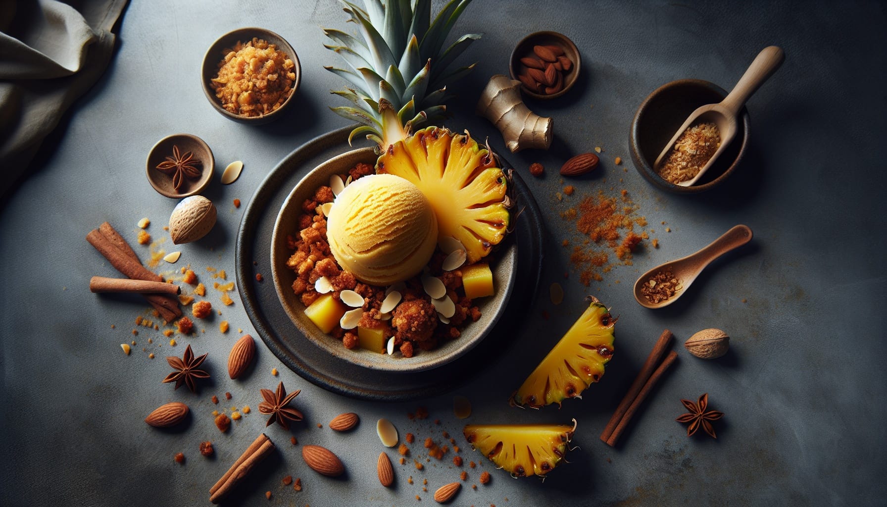 Caramelized Pineapple and Ginger Sorbet with Toasted Almond Crumble - A delicious recipe by DigiDish