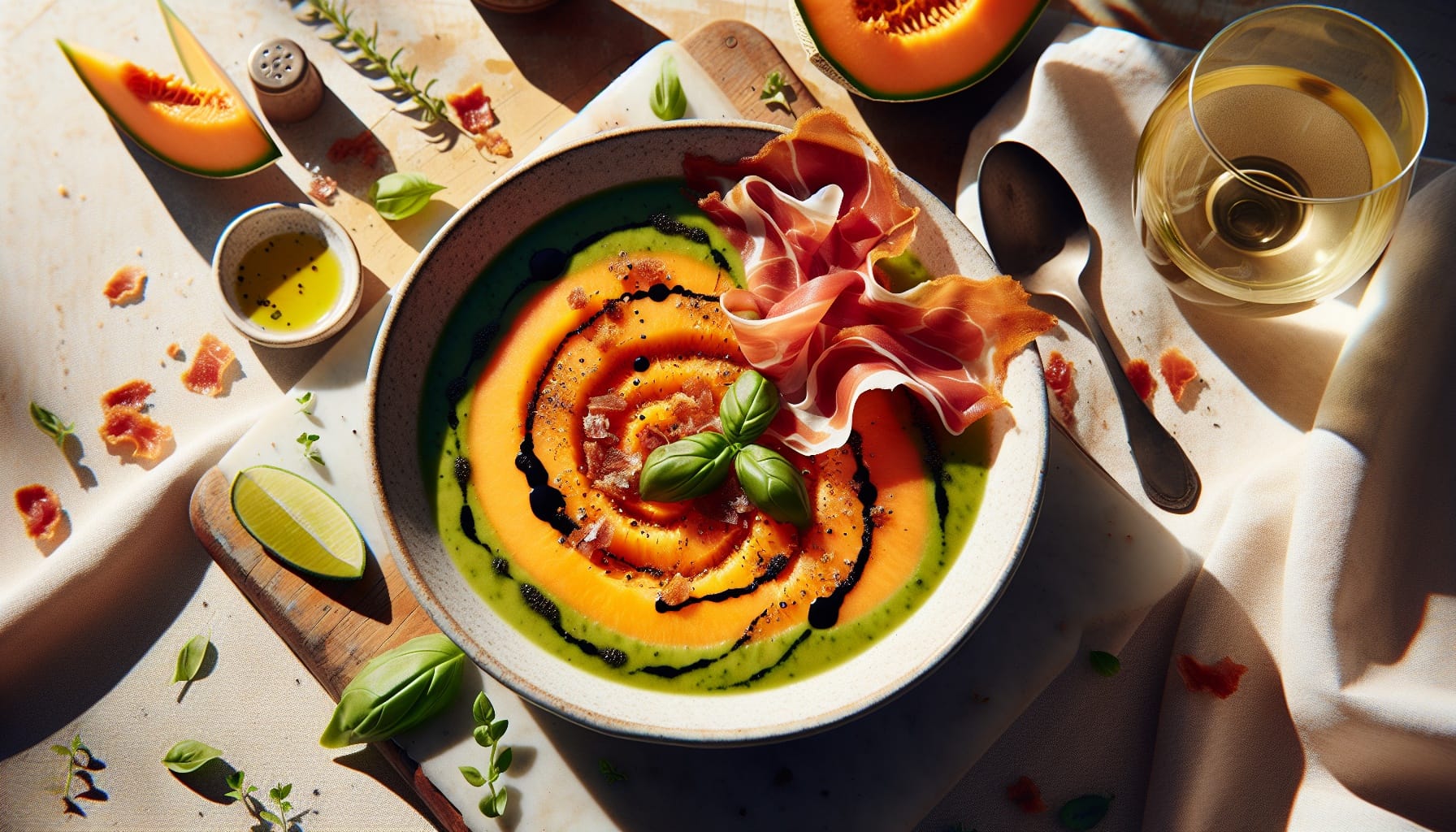 Chilled Cantaloupe Soup with Crispy Prosciutto and Basil Oil - A delicious recipe by DigiDish
