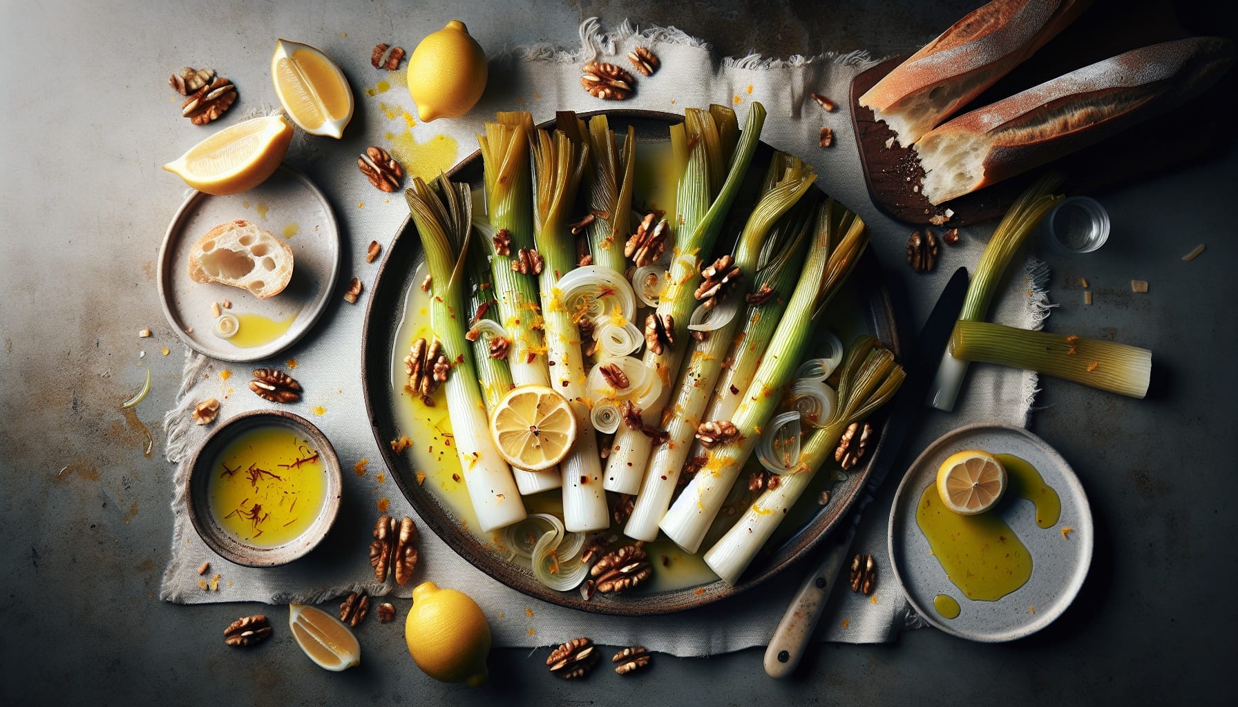 Braised Leeks with Lemon Saffron Cream and Toasted Walnut Crumble - A delicious recipe by DigiDish