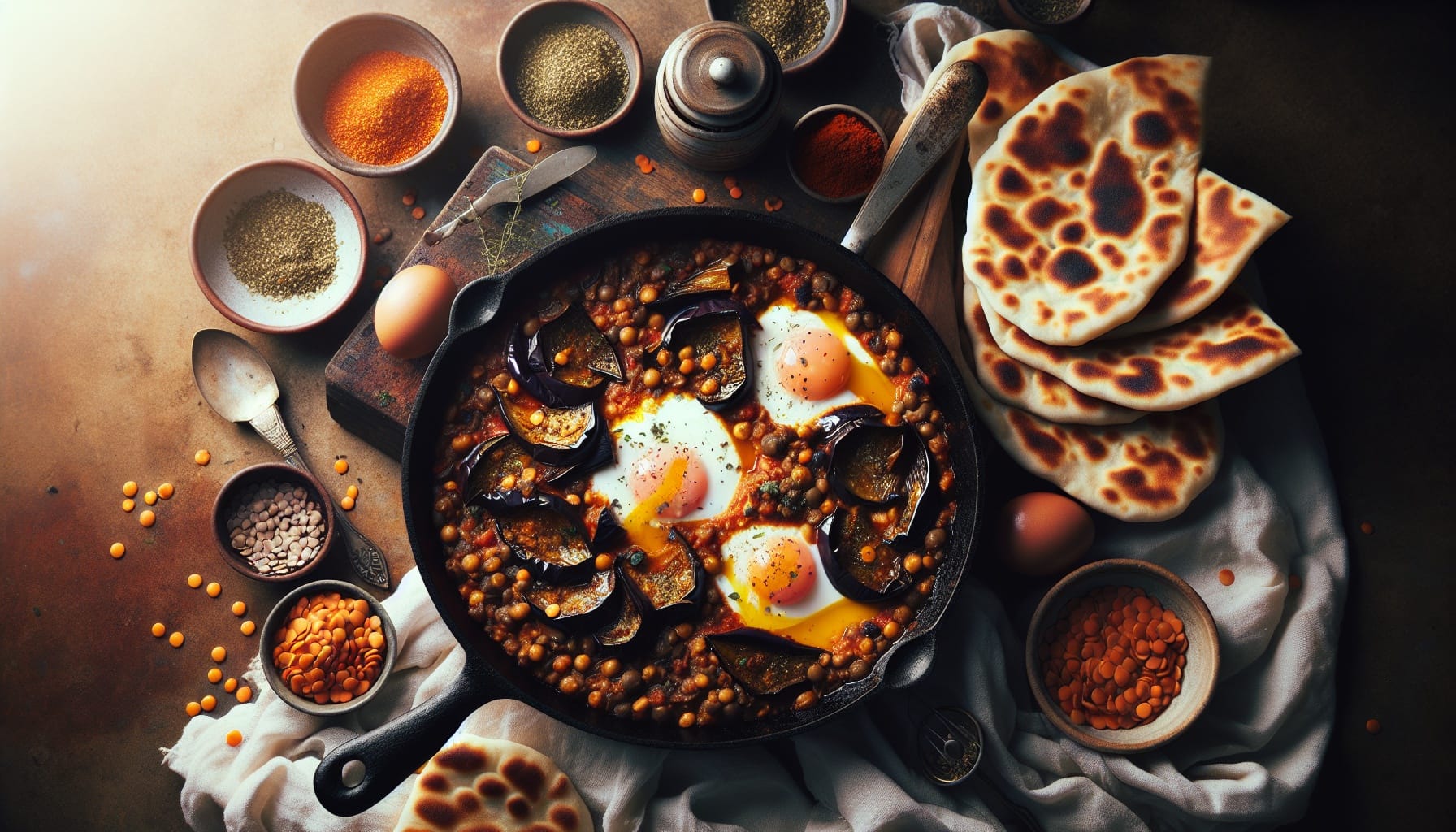 Smoky Eggplant and Lentil Shakshuka with Toasted Zaatar Flatbreads - A delicious recipe by DigiDish