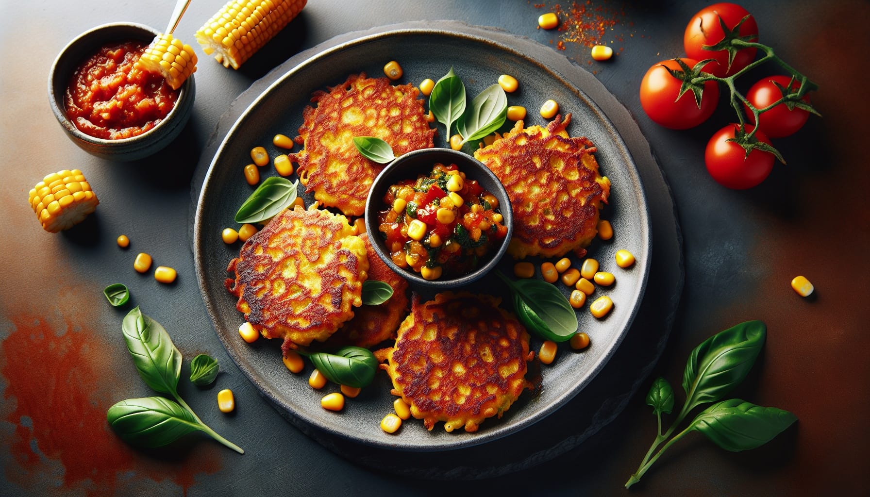 Golden Corn Fritters with Smoky Tomato Relish and Fresh Basil Salad - A delicious recipe by DigiDish