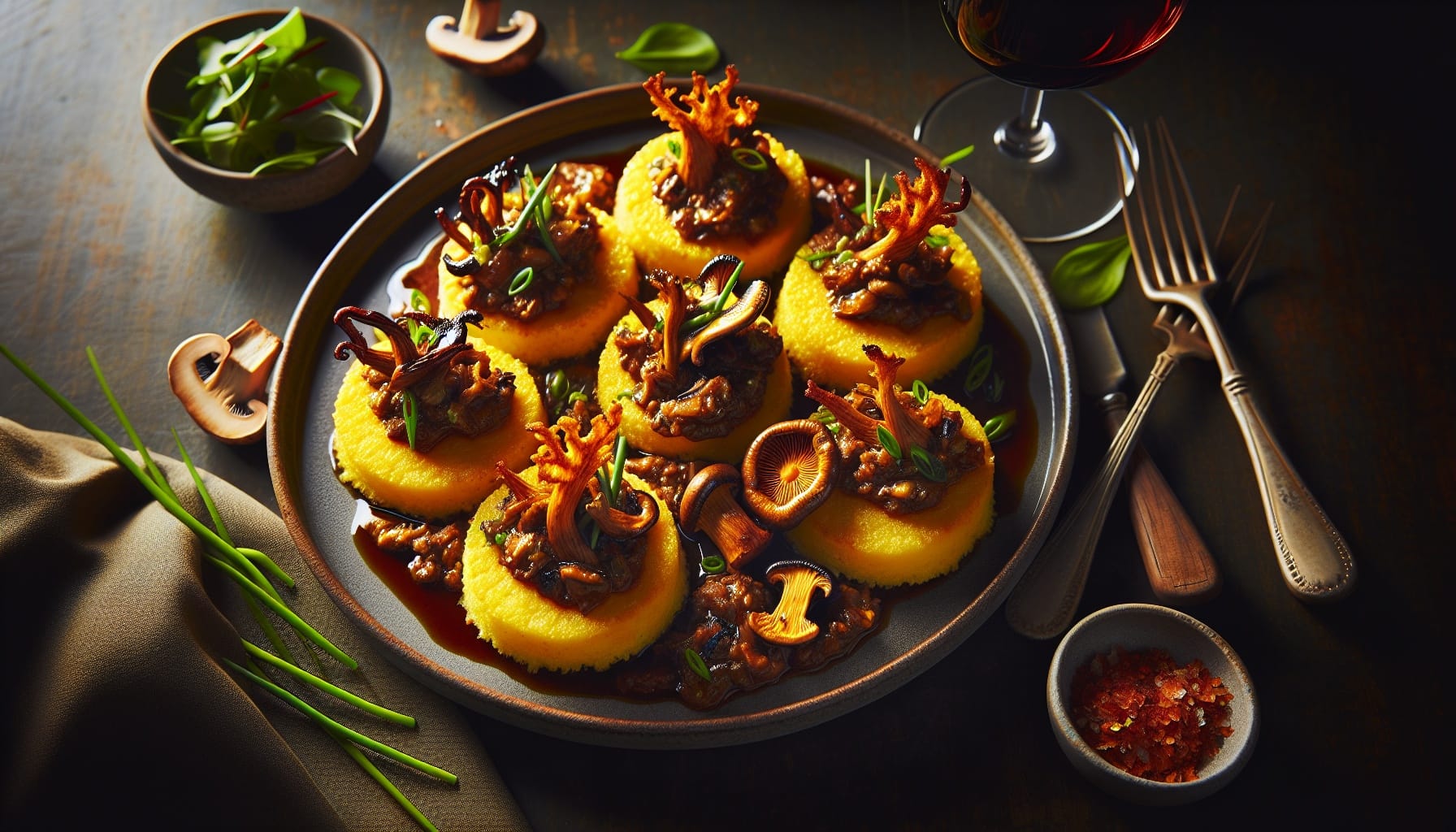 Crispy Polenta Cakes with Wild Mushroom Ragout and Garlic Chive Oil - A delicious recipe by DigiDish