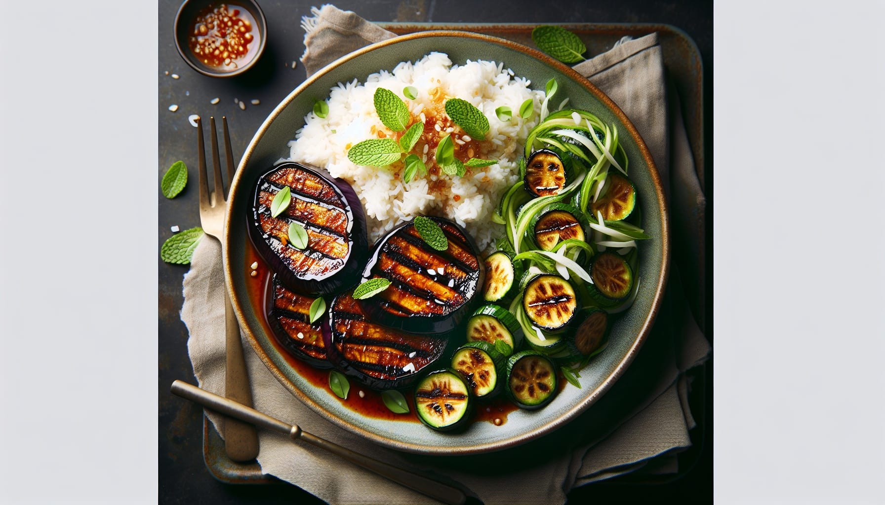 Tamarind Glazed Eggplant Steaks with Coconut Rice and Cucumber Mint Salad - A delicious recipe by DigiDish