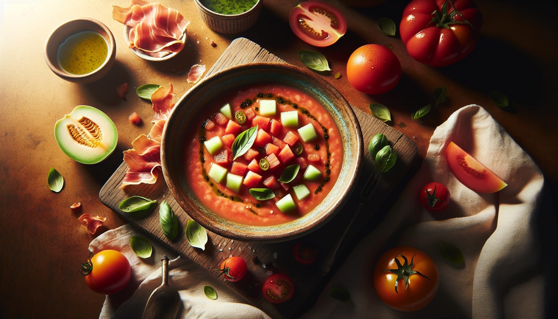 Chilled Tomato Melon Gazpacho with Basil Oil and Crisped Prosciutto Chips - A delicious recipe by DigiDish