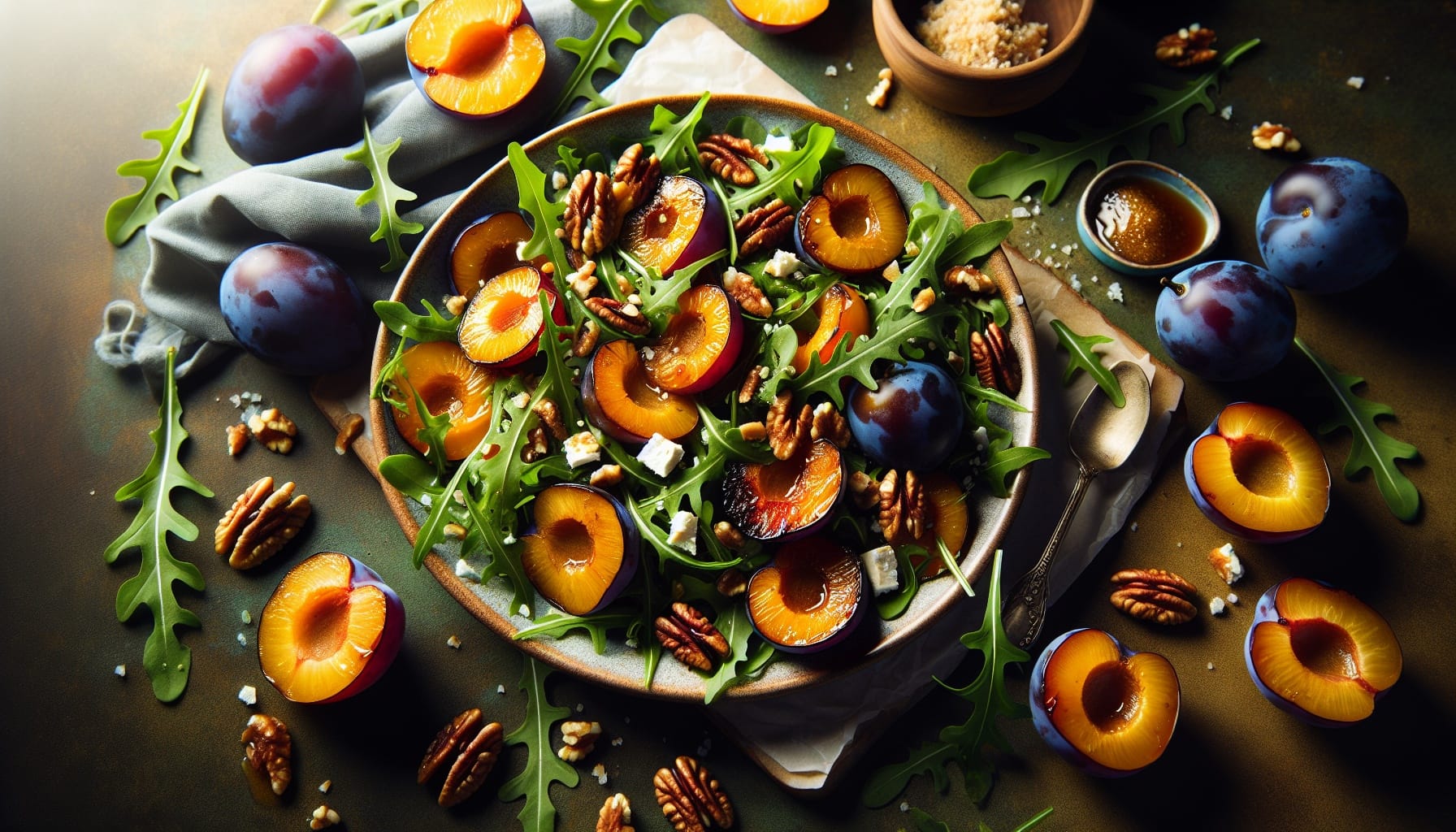 Roasted Plum and Arugula Salad with Toasted Pecans and Maple Dijon Dressing - A delicious recipe by DigiDish