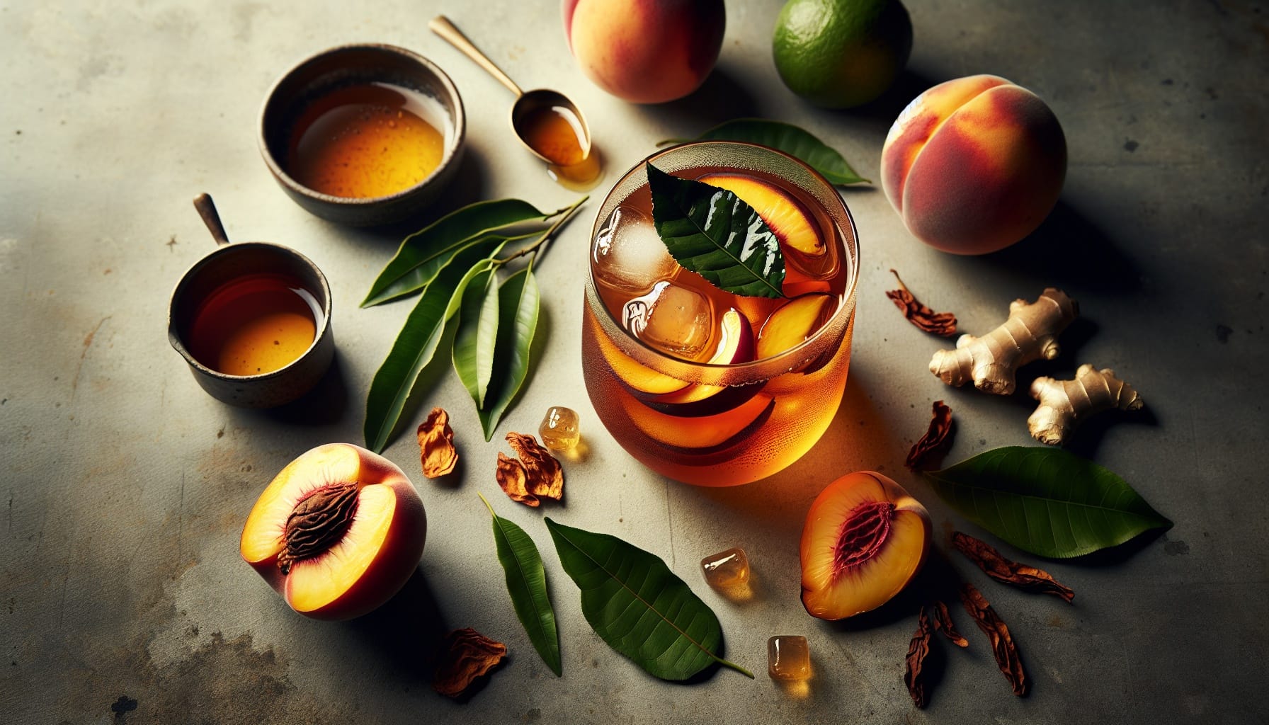 Roasted Peach and Curry Leaf Iced Tea with Ginger Lime Syrup - A delicious recipe by DigiDish