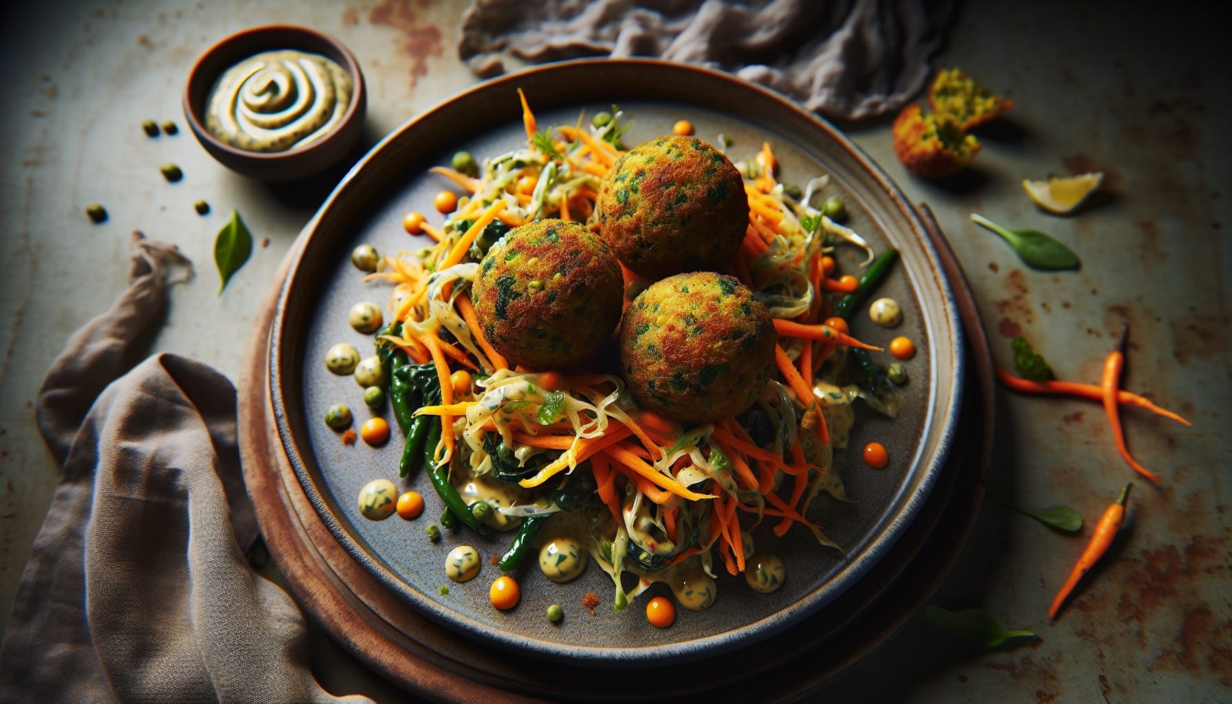 Zesty Green Lentil Croquettes with Carrot Ginger Slaw and Tahini Herb Sauce - A delicious recipe by DigiDish