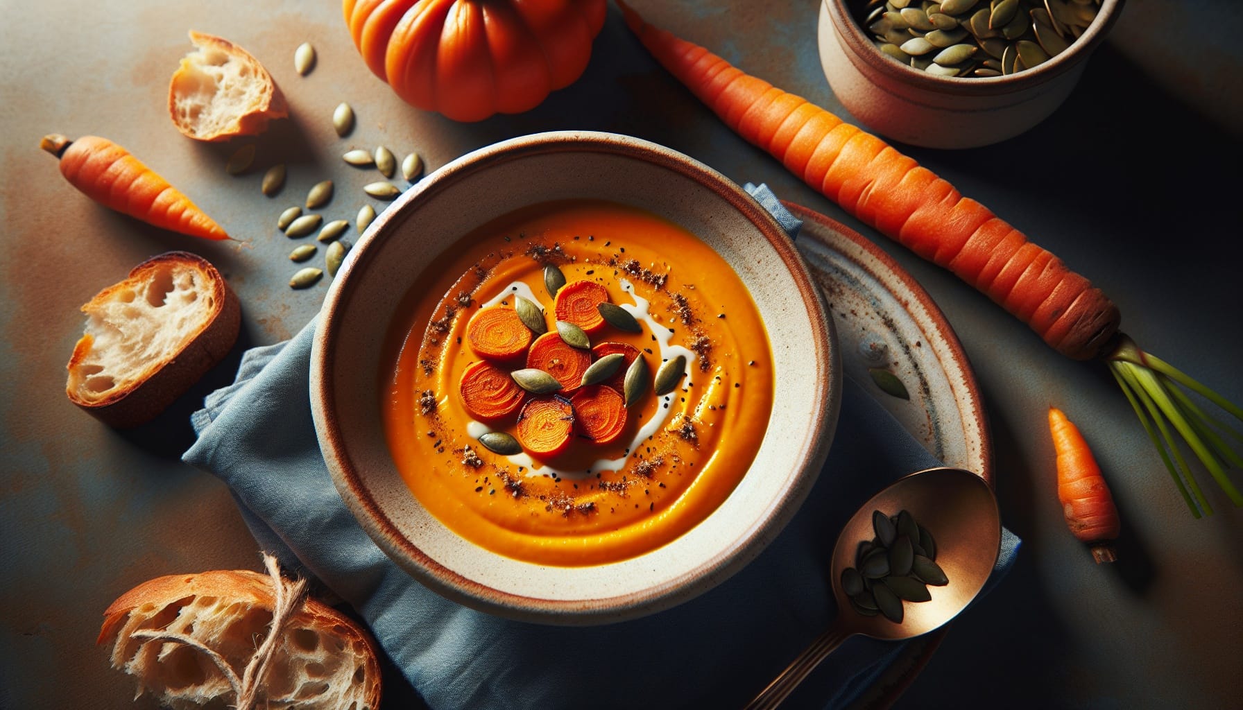 Spiced Carrot and Ginger Bisque with Toasted Pumpkin Seeds and Coconut Cream - A delicious recipe by DigiDish