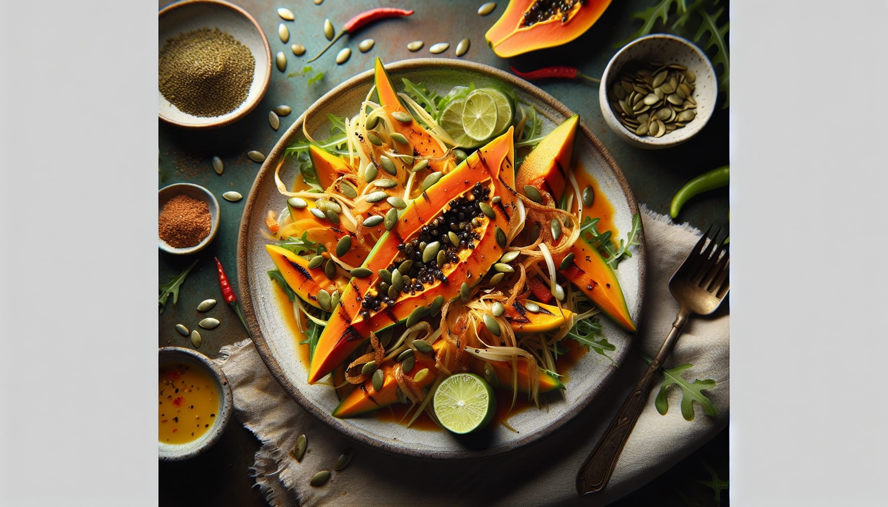 Grilled Papaya Salad with Lime Chili Dressing and Crispy Shallots - A delicious recipe by DigiDish
