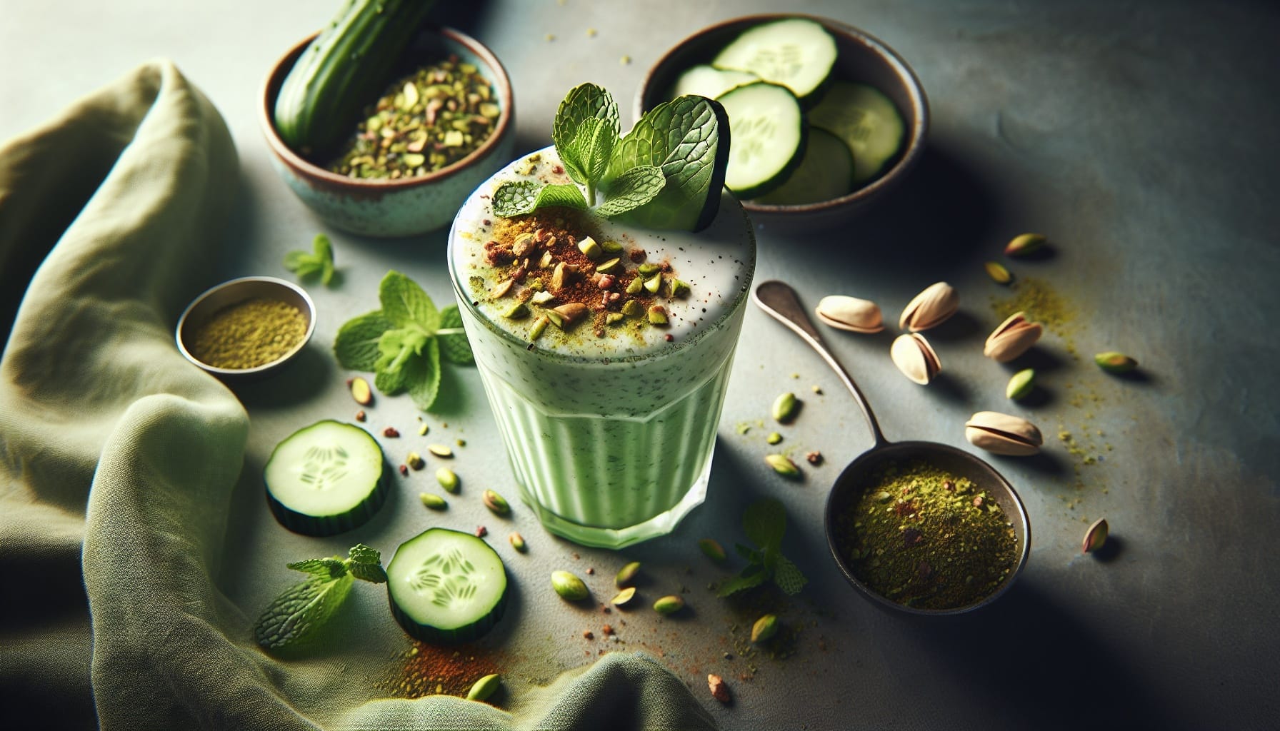 Chilled Cucumber Mint Lassi with Spiced Pistachio Crumble - A delicious recipe by DigiDish