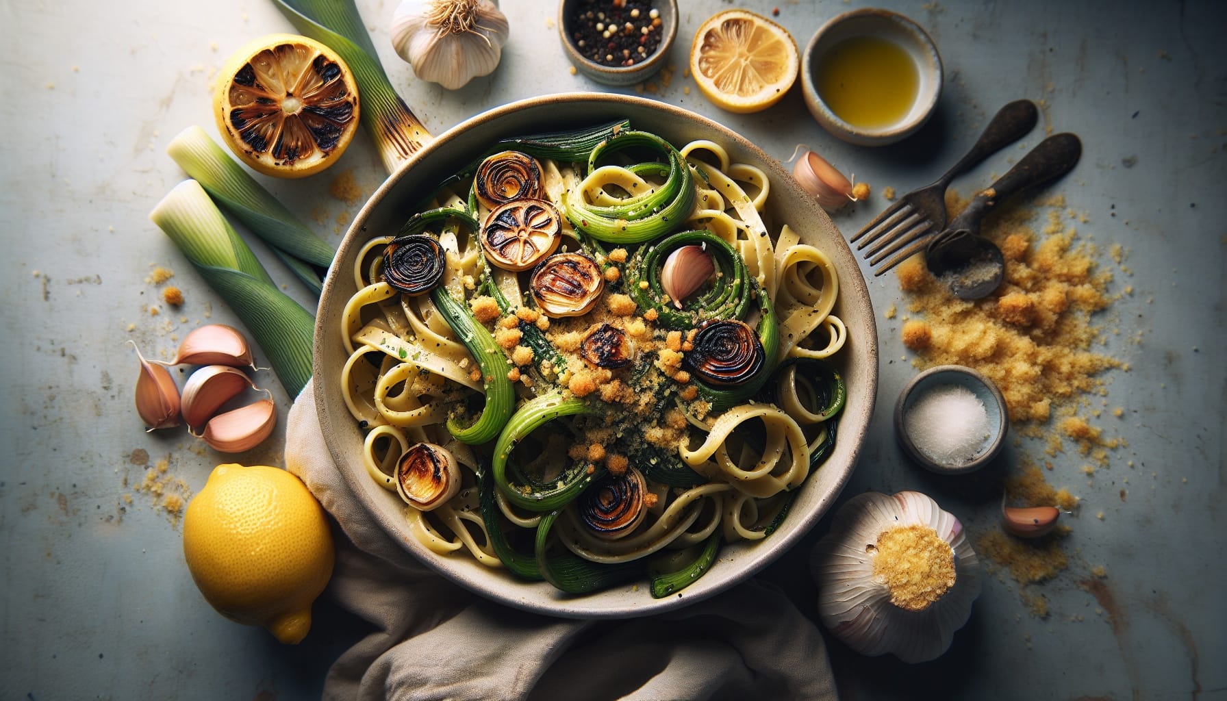 Charred Leek and Black Garlic Pasta with Lemon Breadcrumbs - A delicious recipe by DigiDish