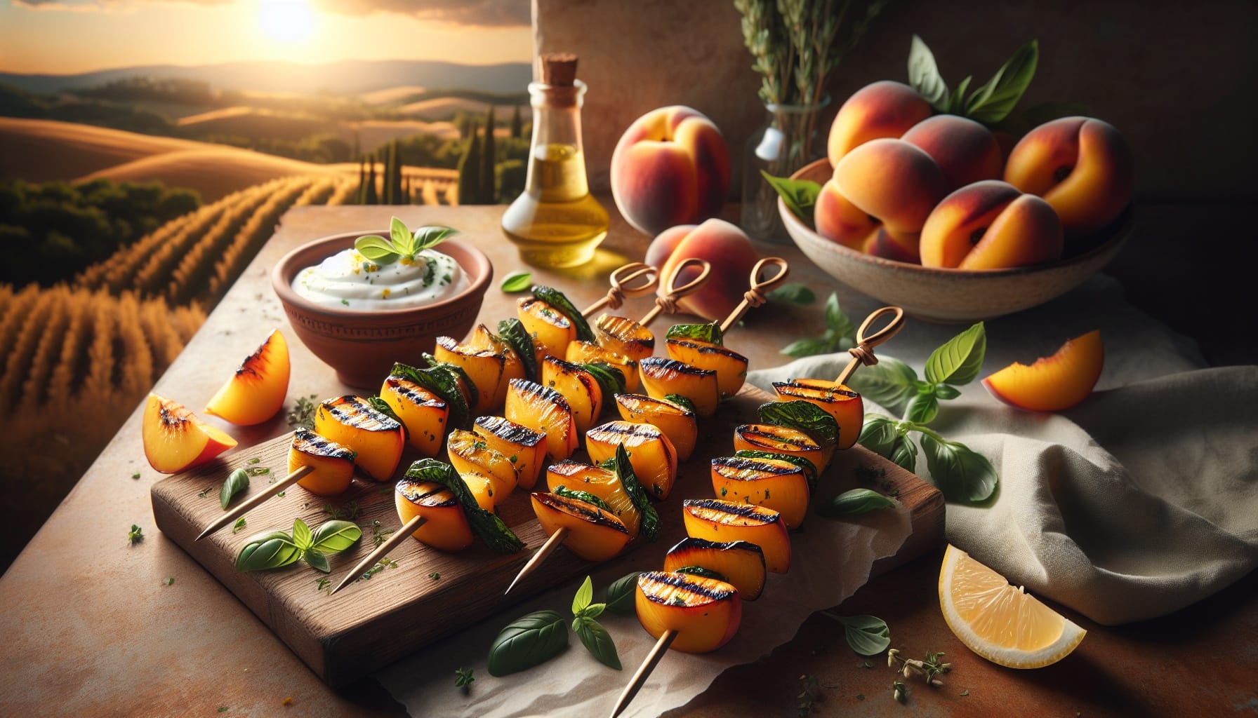 Herb Marinated Grilled Peach Skewers with Lemon Basil Yogurt Dip - A delicious recipe by DigiDish