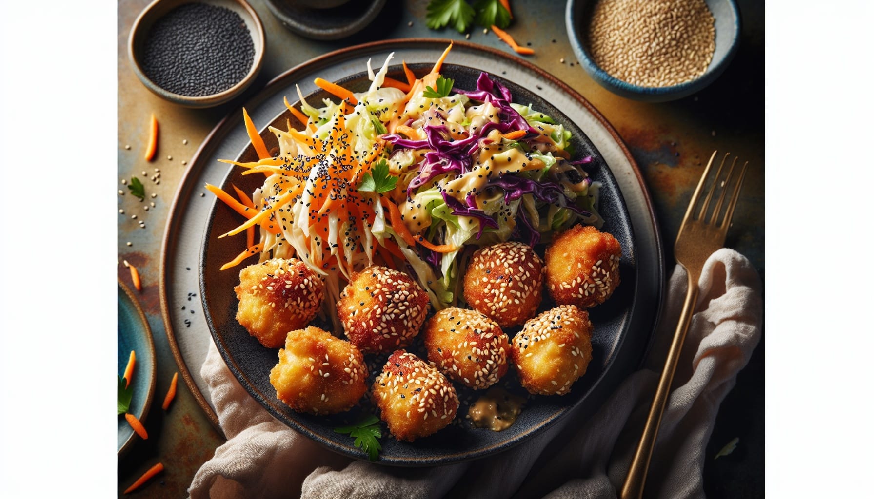 Golden Sesame Chicken Bites with Honey Mustard Slaw - A delicious recipe by DigiDish