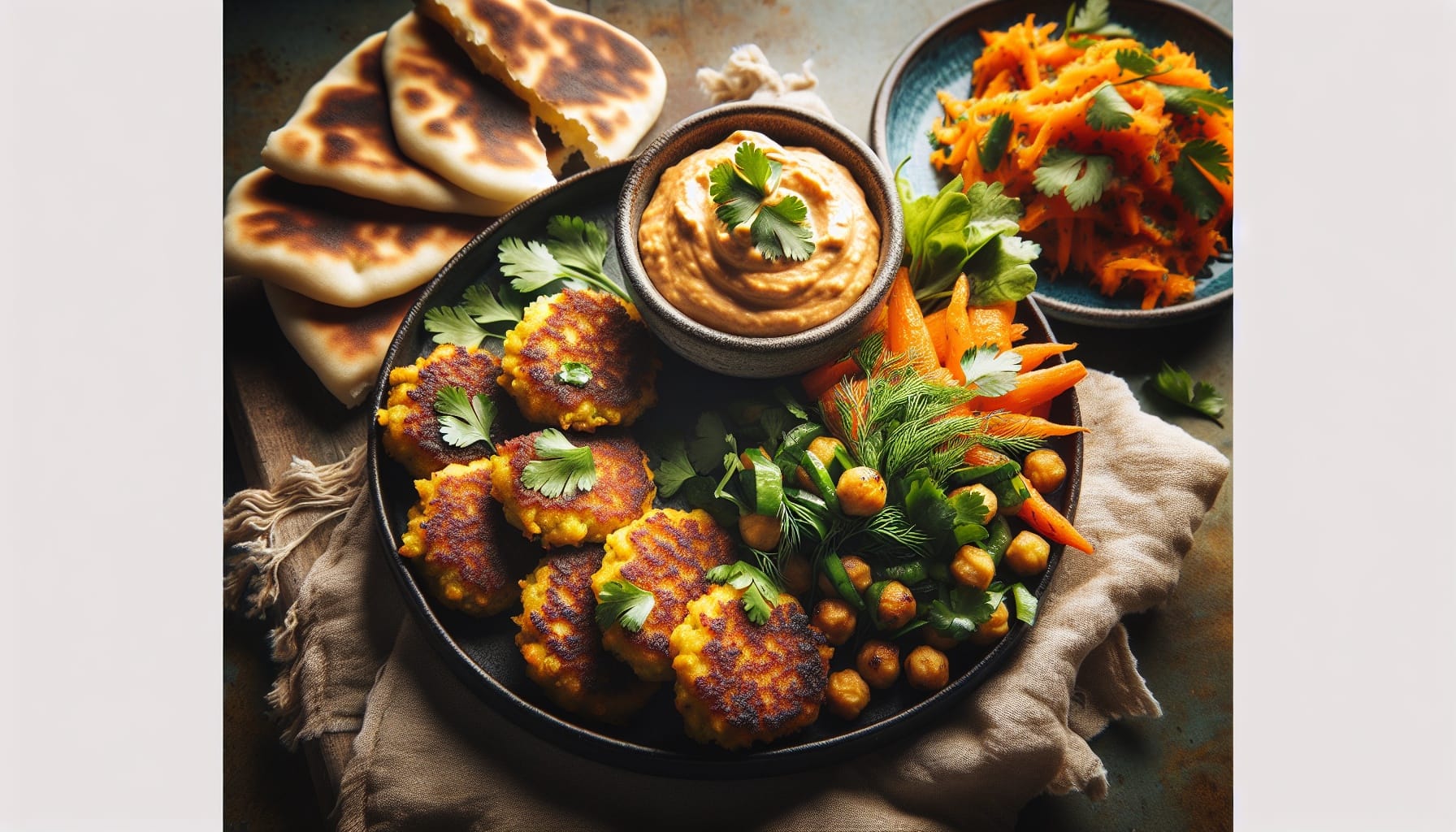 Crispy Chickpea Fritters with Smoky Carrot Dip and Fresh Herb Salad - A delicious recipe by DigiDish