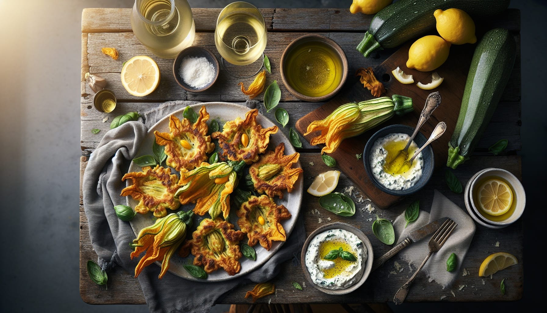 Crispy Zucchini Blossom Fritters with Lemon Basil Ricotta Dip - A delicious recipe by DigiDish