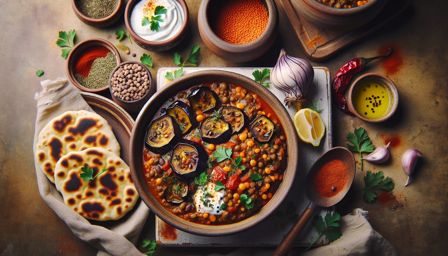 Smoky Eggplant and Lentil Stew with Garlic Herb Flatbread - A delicious recipe by DigiDish