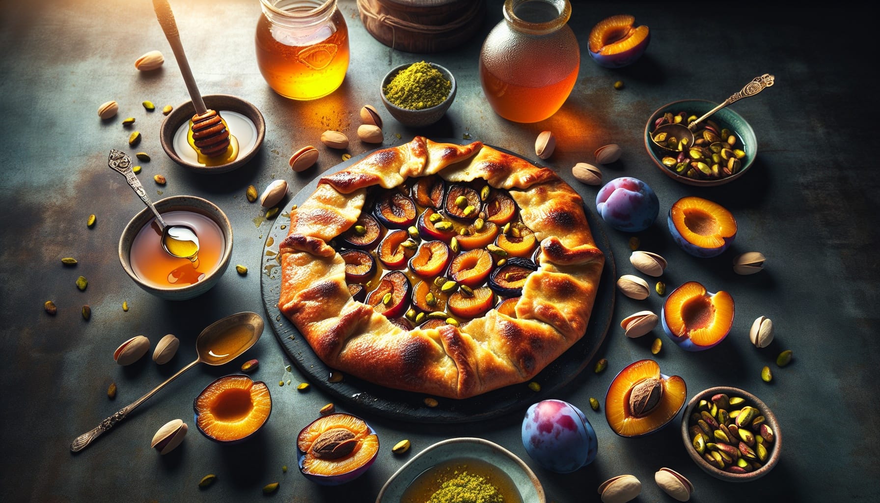 Spiced Plum and Pistachio Galette with Orange Blossom Honey Drizzle - A delicious recipe by DigiDish