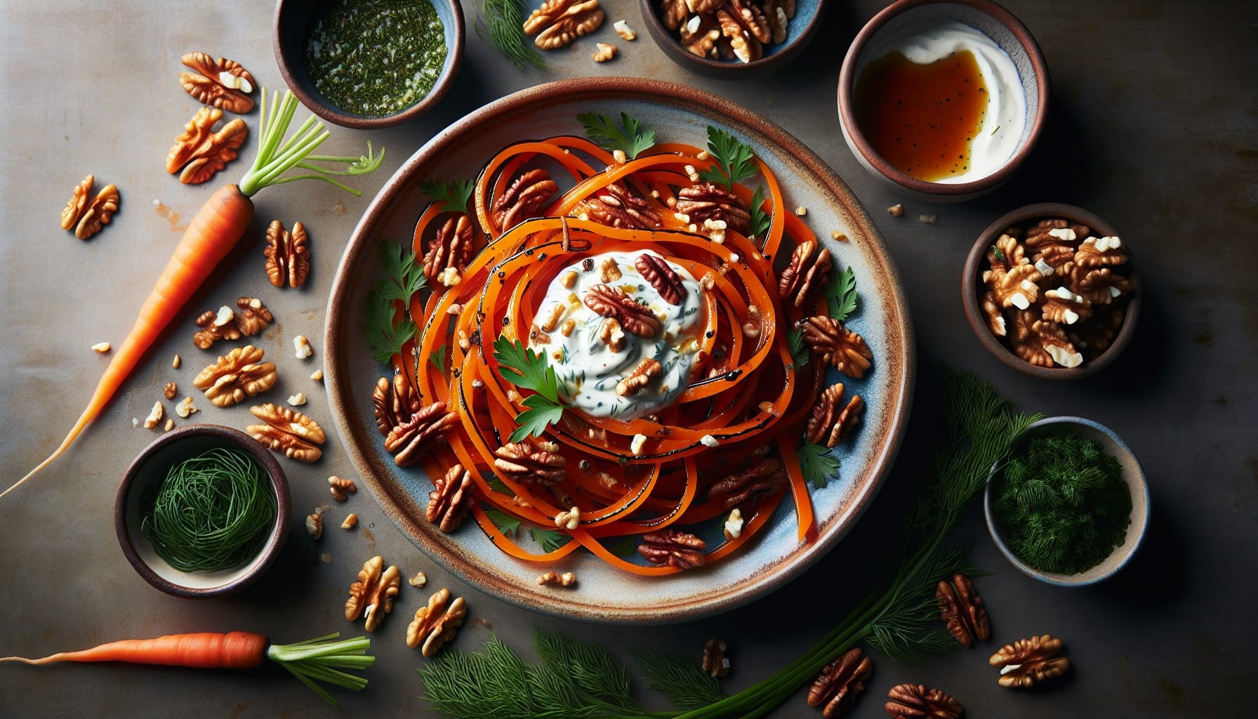 Spicy Maple Glazed Carrot Ribbons with Toasted Walnuts and Herb Yogurt - A delicious recipe by DigiDish