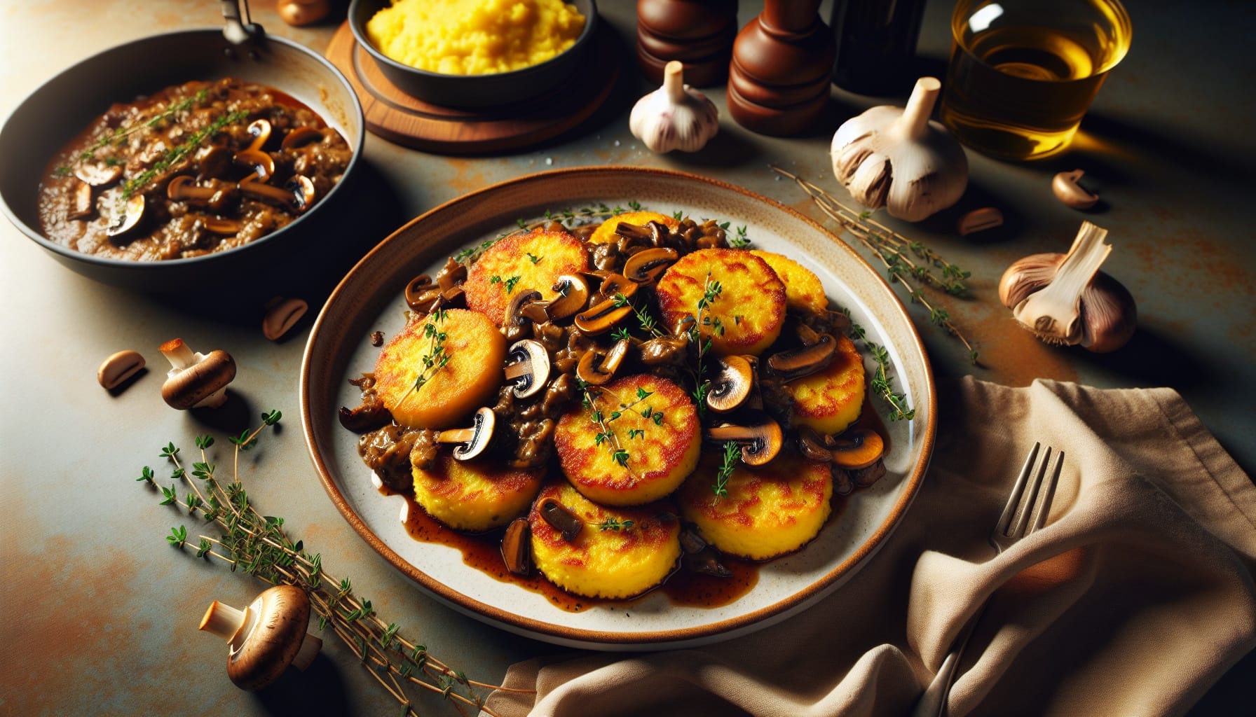 Crispy Polenta Cakes with Roasted Garlic Mushroom Ragu and Fresh Thyme - A delicious recipe by DigiDish