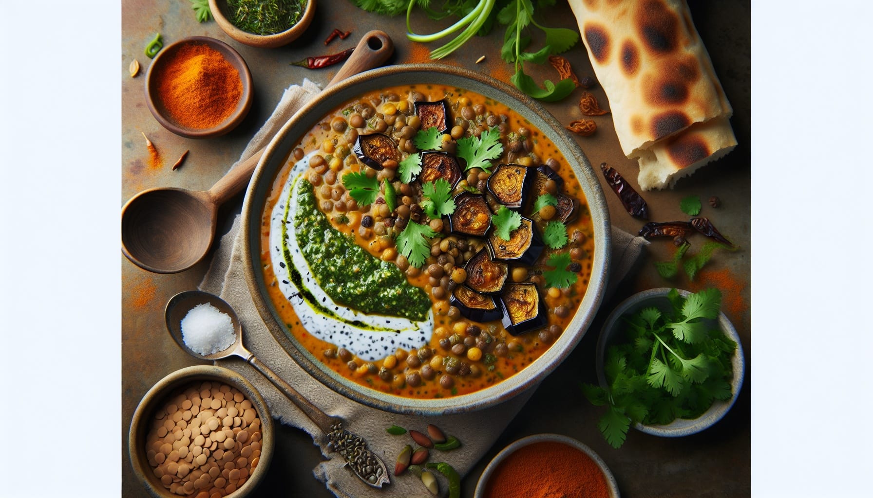 Spiced Lentil Soup with Roasted Eggplant and Coconut Herb Pesto - A delicious recipe by DigiDish