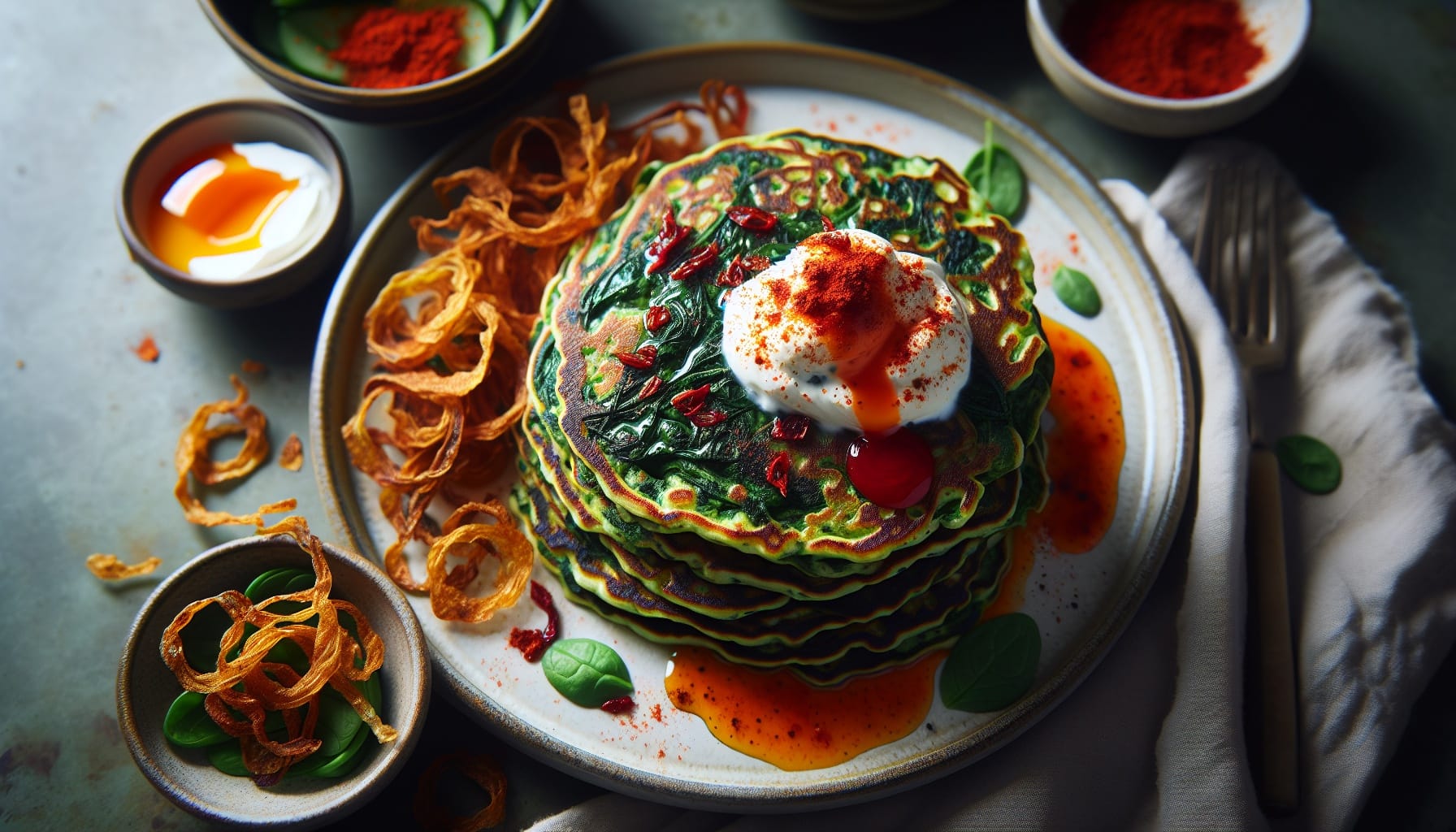 Savory Spinach Pancakes with Smoked Paprika Yogurt and Crispy Shallots - A delicious recipe by DigiDish