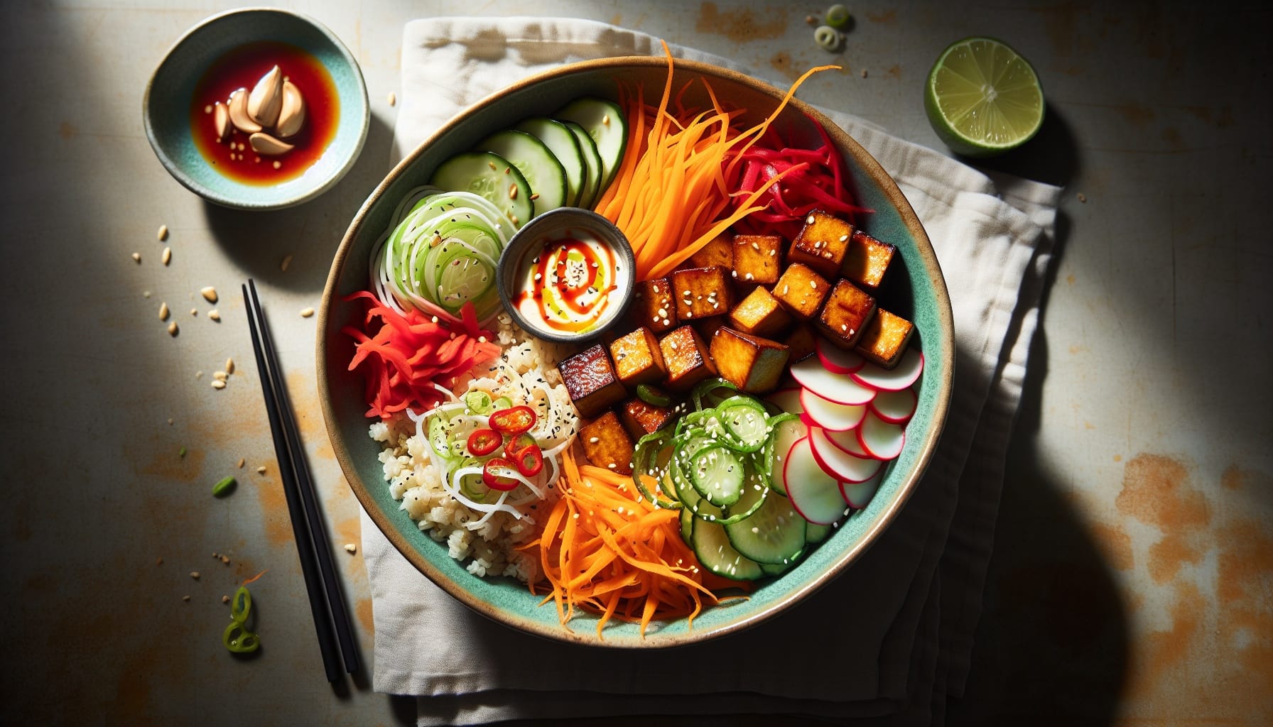 Crispy Tofu Banh Mi Bowls with Pickled Vegetables and Sriracha Lime Mayo - A delicious recipe by DigiDish