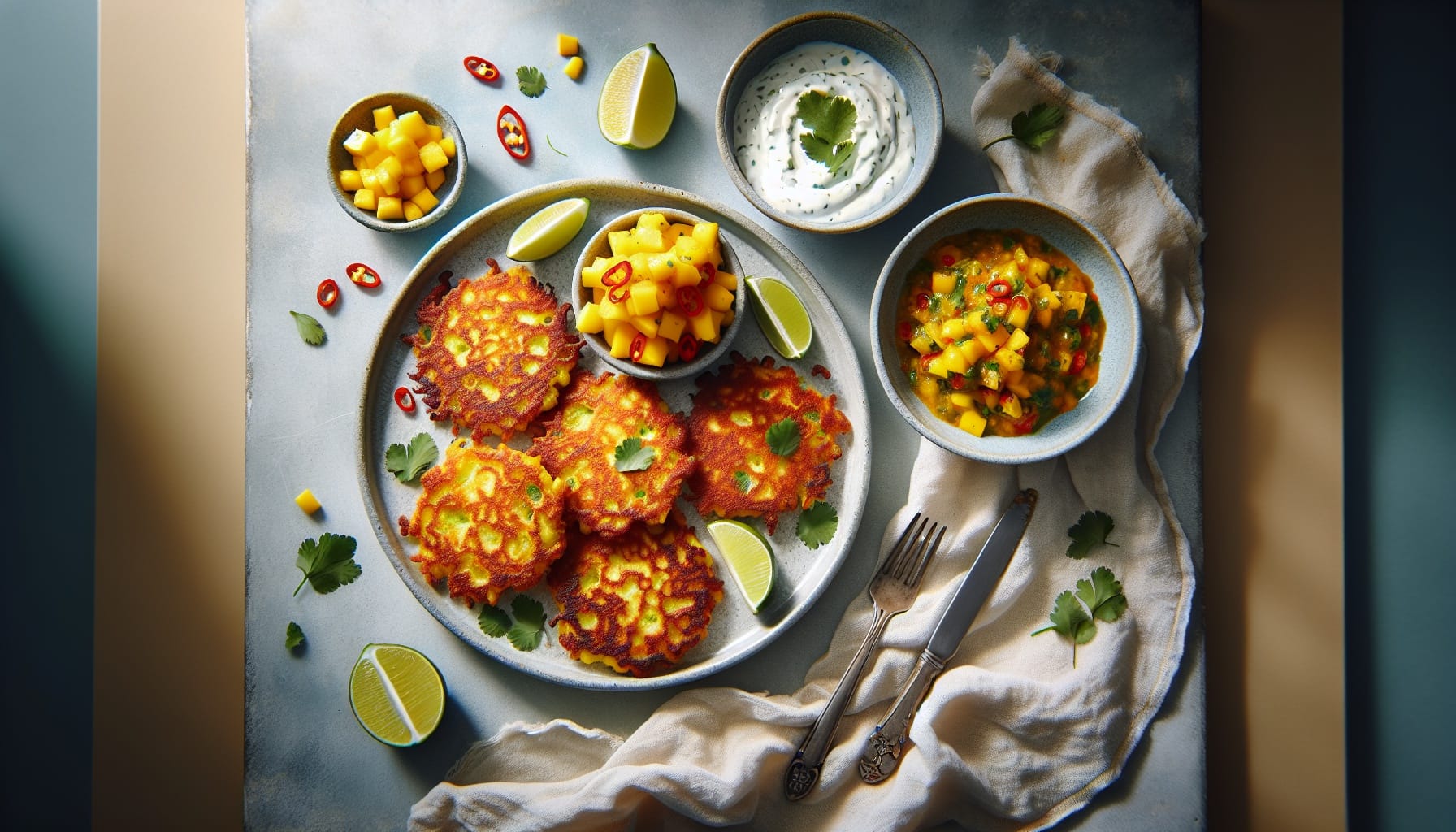 Golden Corn Fritters with Spicy Mango Salsa and Cilantro Lime Cream - A delicious recipe by DigiDish
