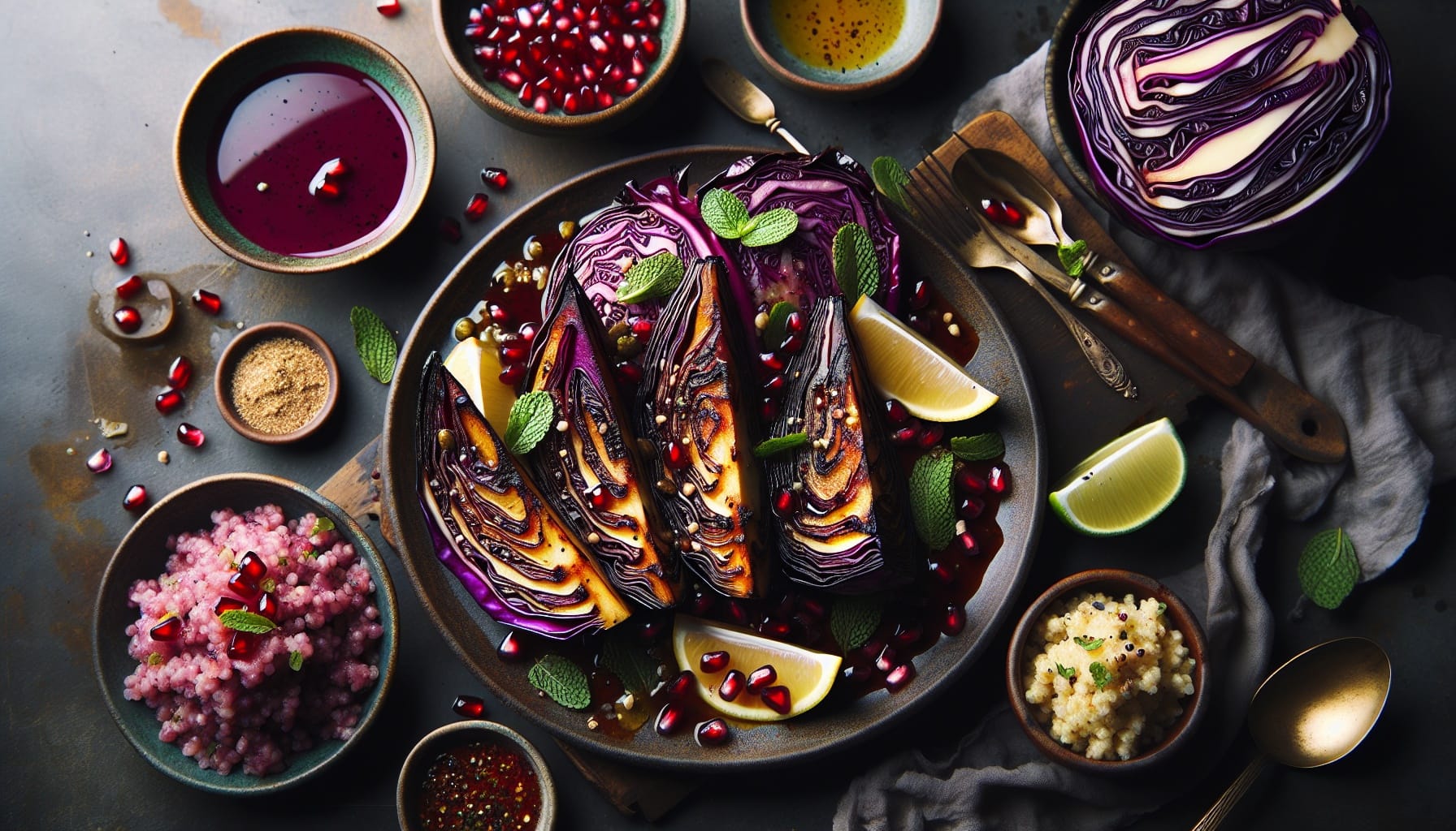 Roasted Red Cabbage Steaks with Tahini Lemon Drizzle and Pomegranate Salsa - A delicious recipe by DigiDish