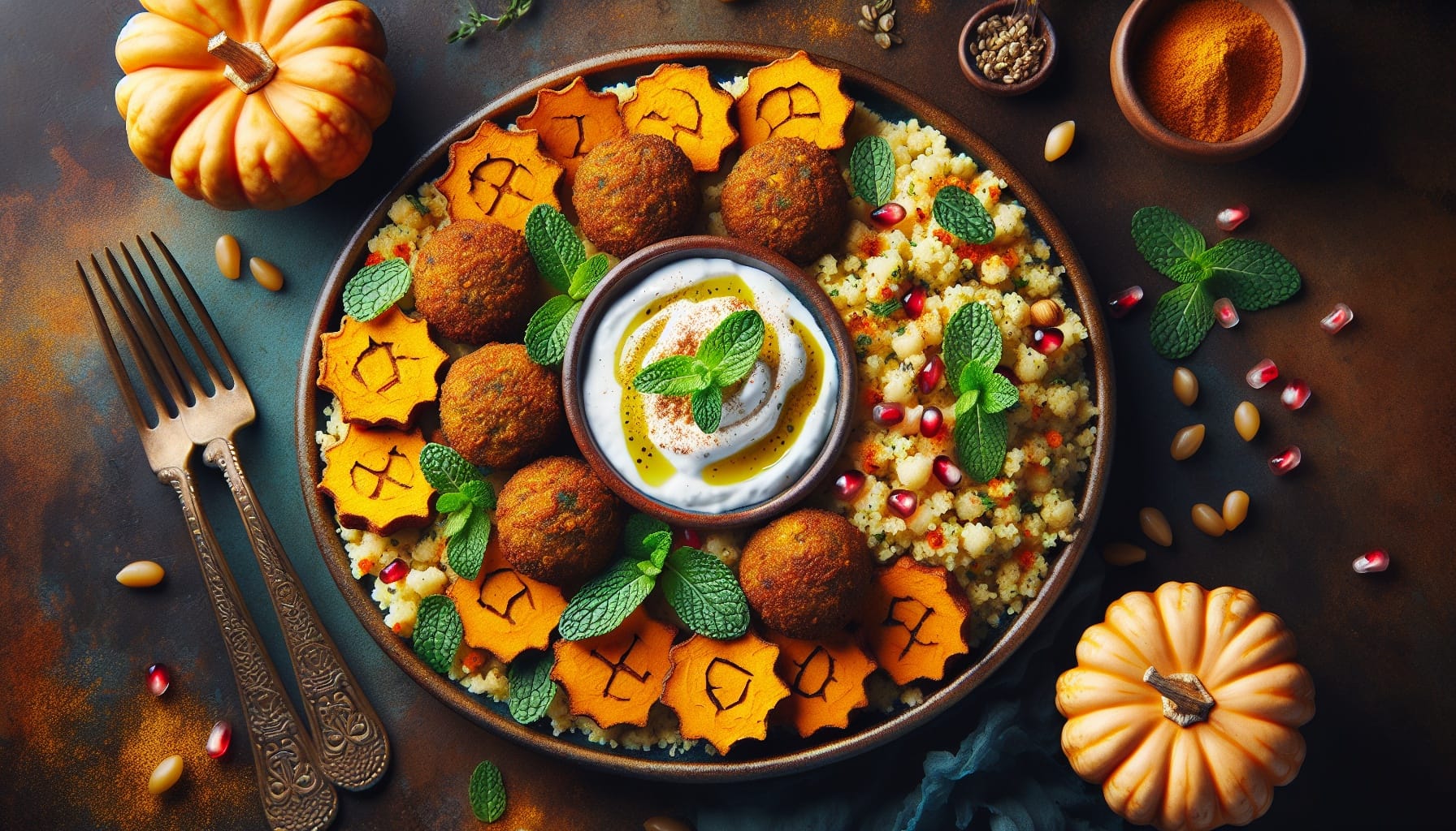 Golden Pumpkin Falafel with Spiced Couscous and Minted Yogurt Sauce - A delicious recipe by DigiDish