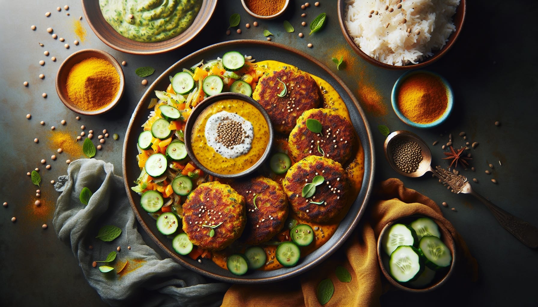 Golden Lentil Patties with Turmeric Coconut Sauce and Fresh Cucumber Salad - A delicious recipe by DigiDish