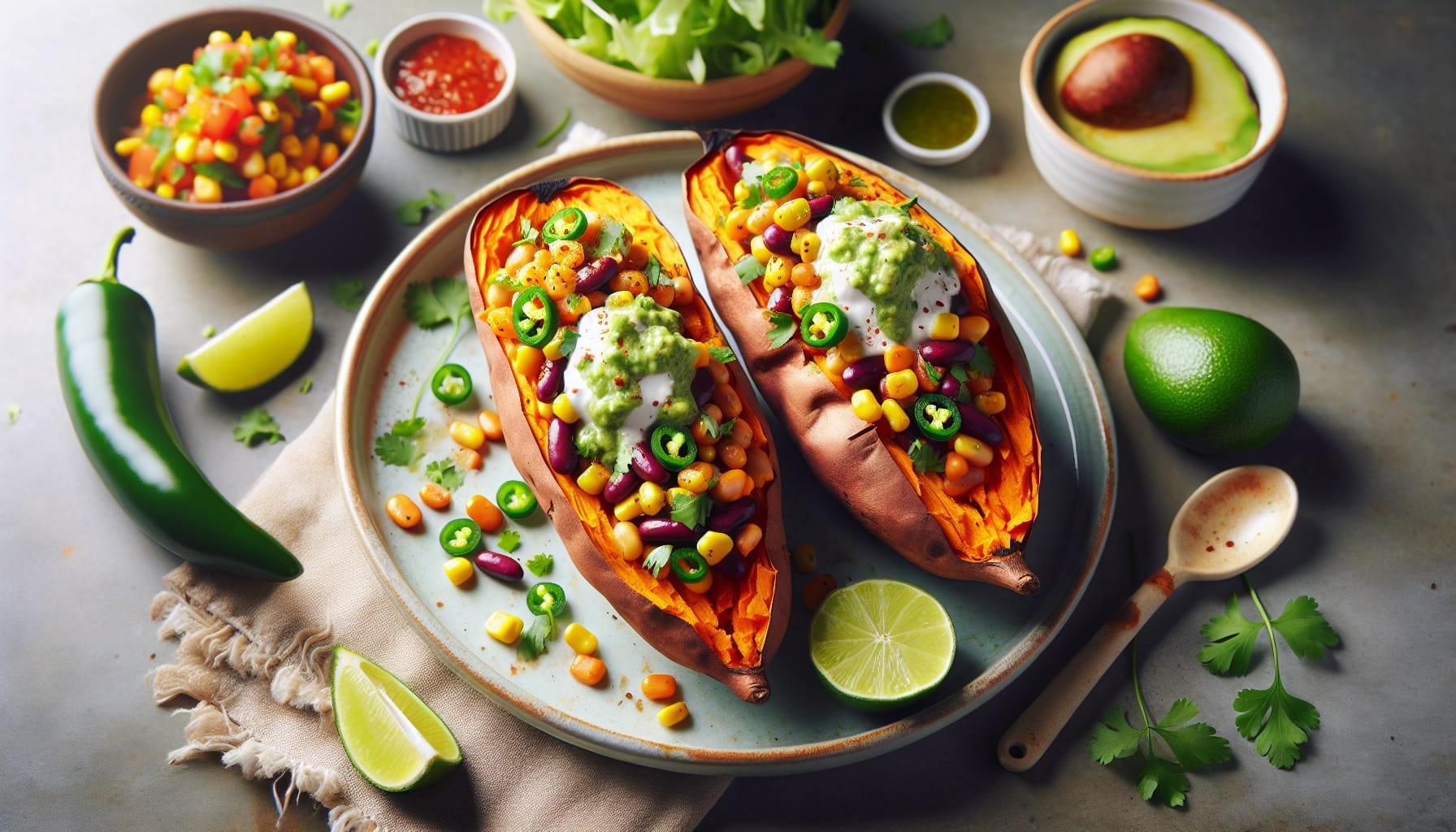 Baked Sweet Potato Boats with Black Bean Corn Salsa and Lime Crema - A delicious recipe by DigiDish