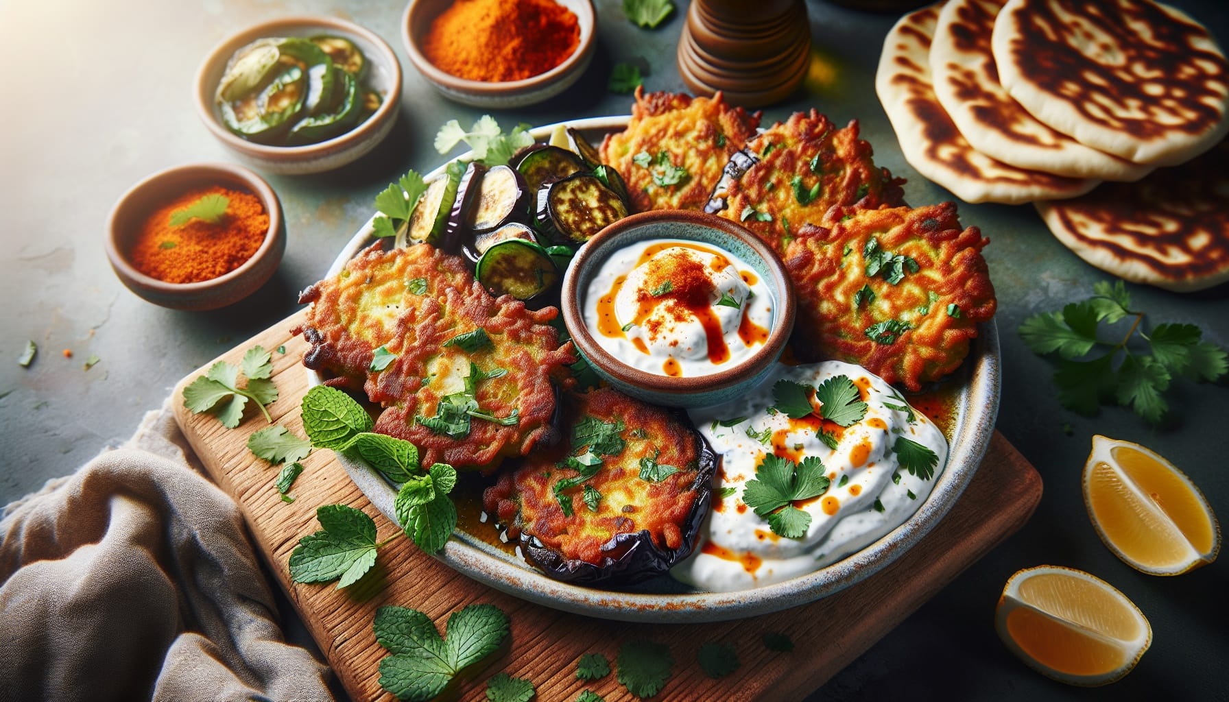 Crispy Eggplant Fritters with Harissa Yogurt and Fresh Herb Salad - A delicious recipe by DigiDish