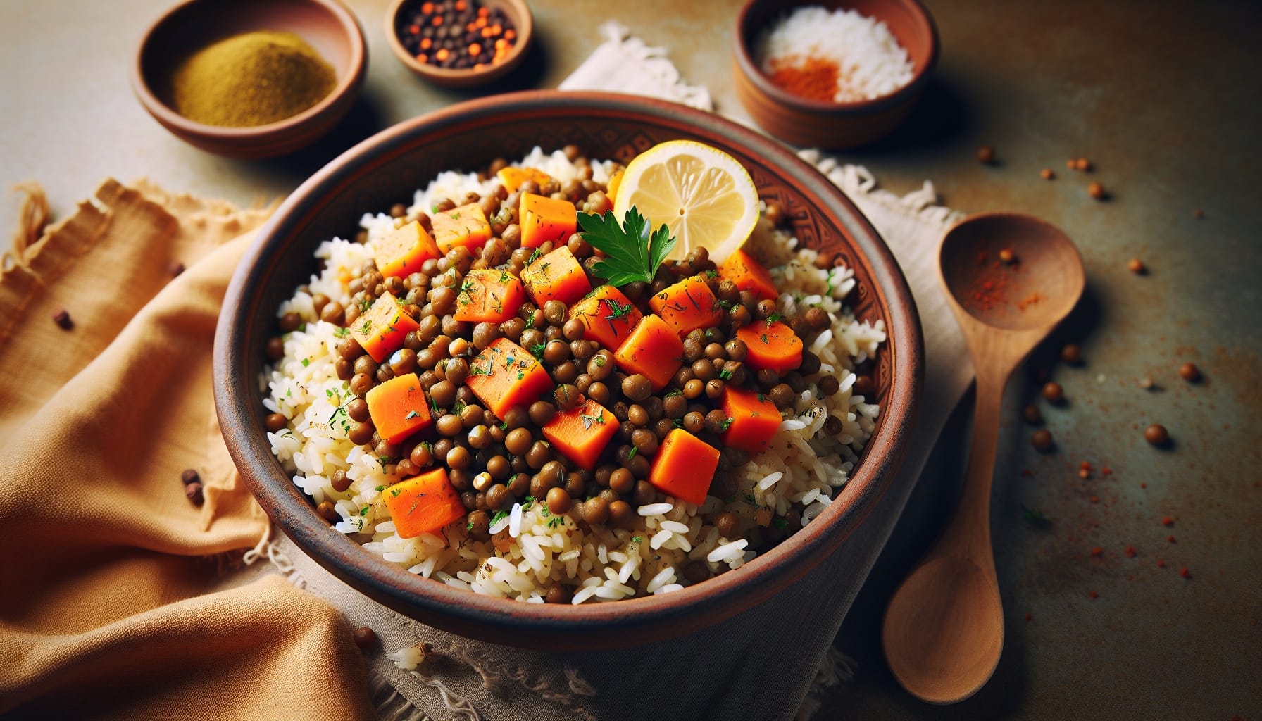 Spiced Carrot and Lentil Pilaf with Lemon Parsley Drizzle - A delicious recipe by DigiDish