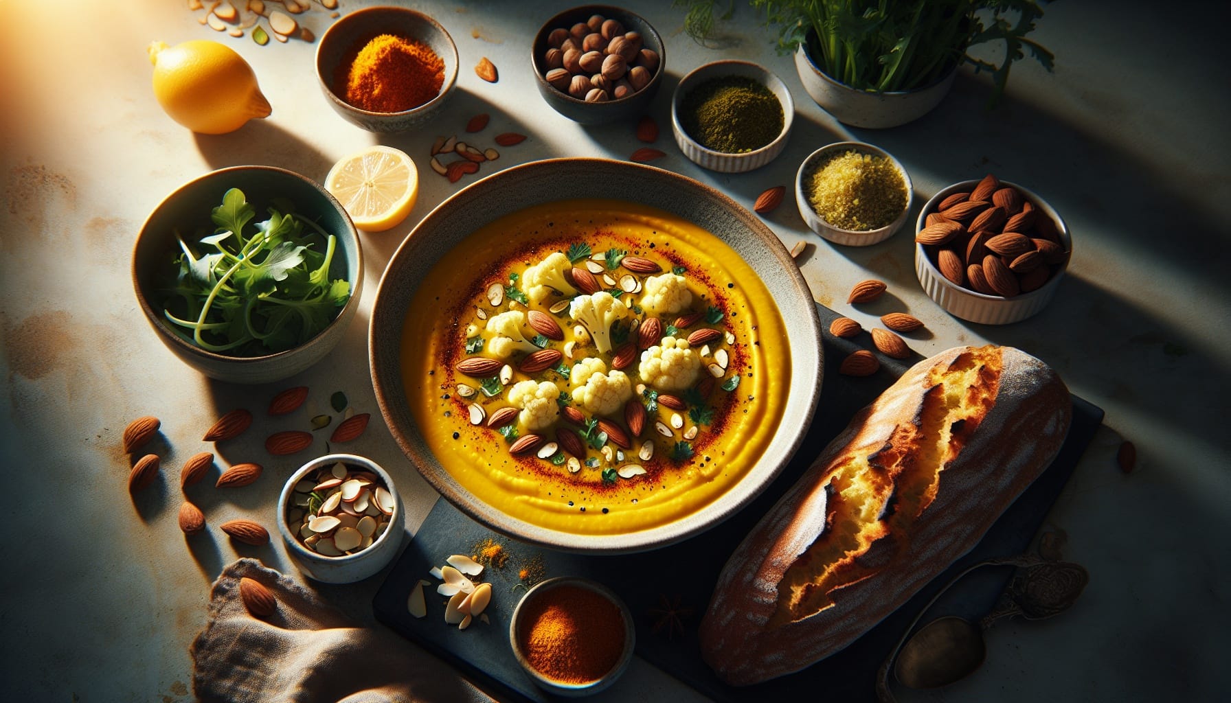 Golden Cauliflower Soup with Saffron and Toasted Almond Gremolata - A delicious recipe by DigiDish