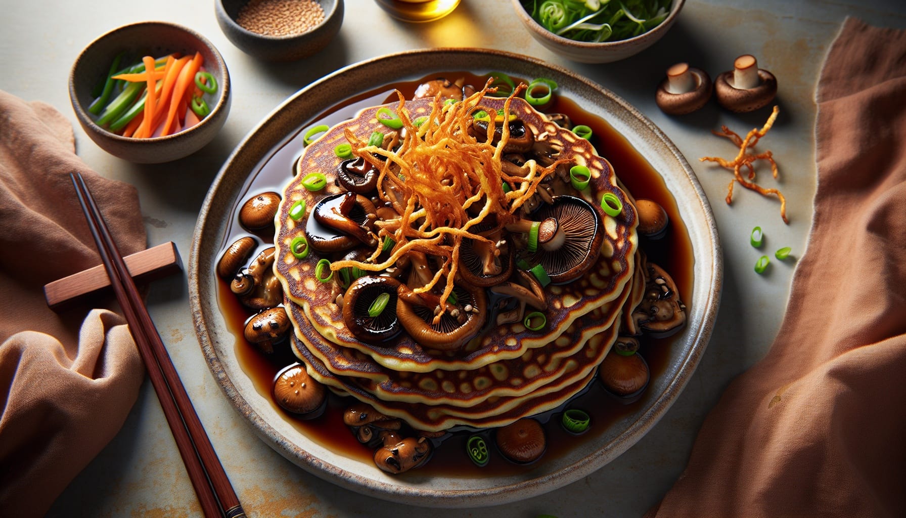 Savory Mushroom Pancakes with Miso Glaze and Scallion Crunch - A delicious recipe by DigiDish