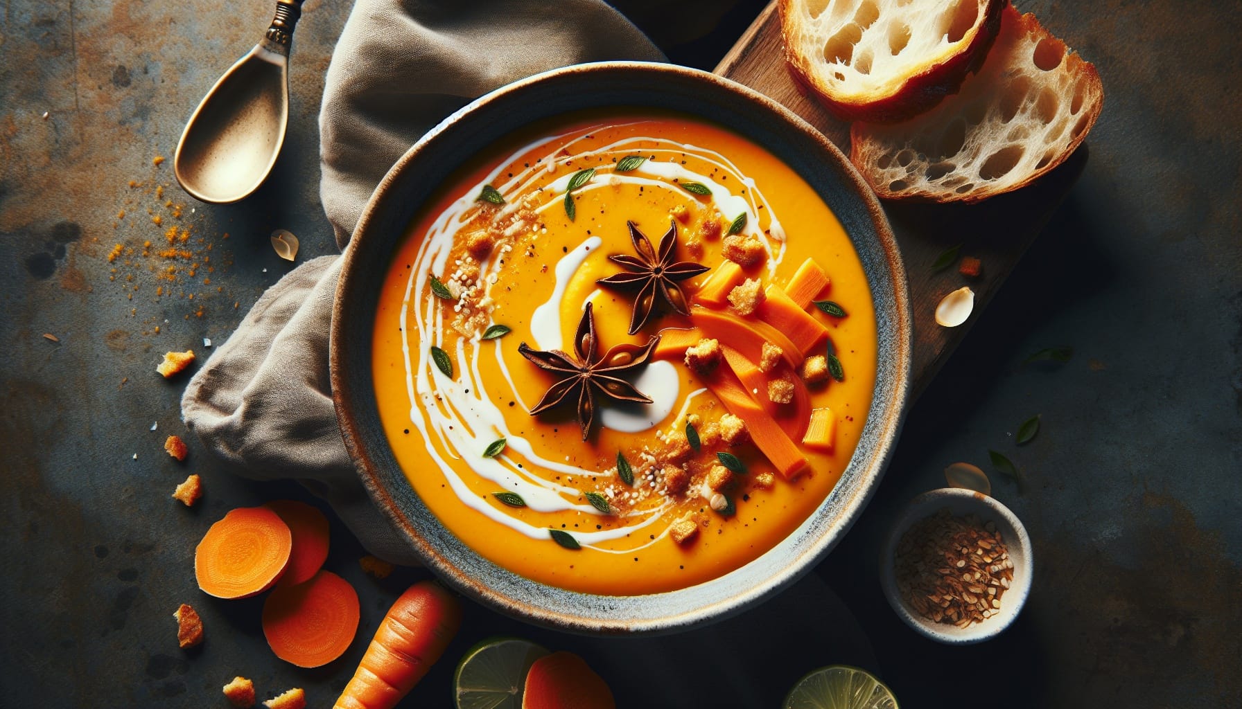 Carrot Ginger Soup with Coconut Lime Drizzle and Crispy Shallots - A delicious recipe by DigiDish