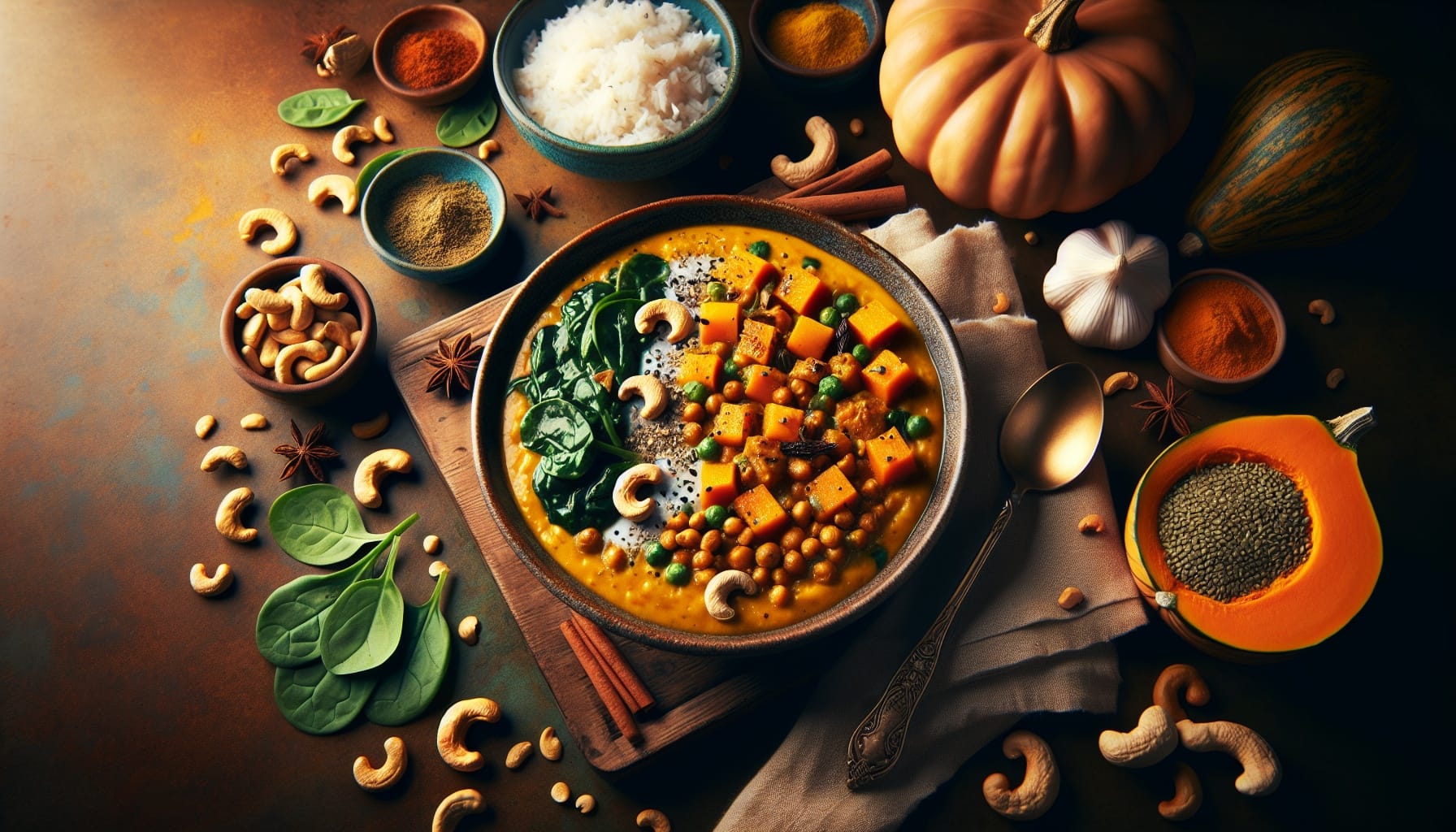 Spiced Pumpkin Lentil Curry with Coconut Spinach and Toasted Cashews - A delicious recipe by DigiDish